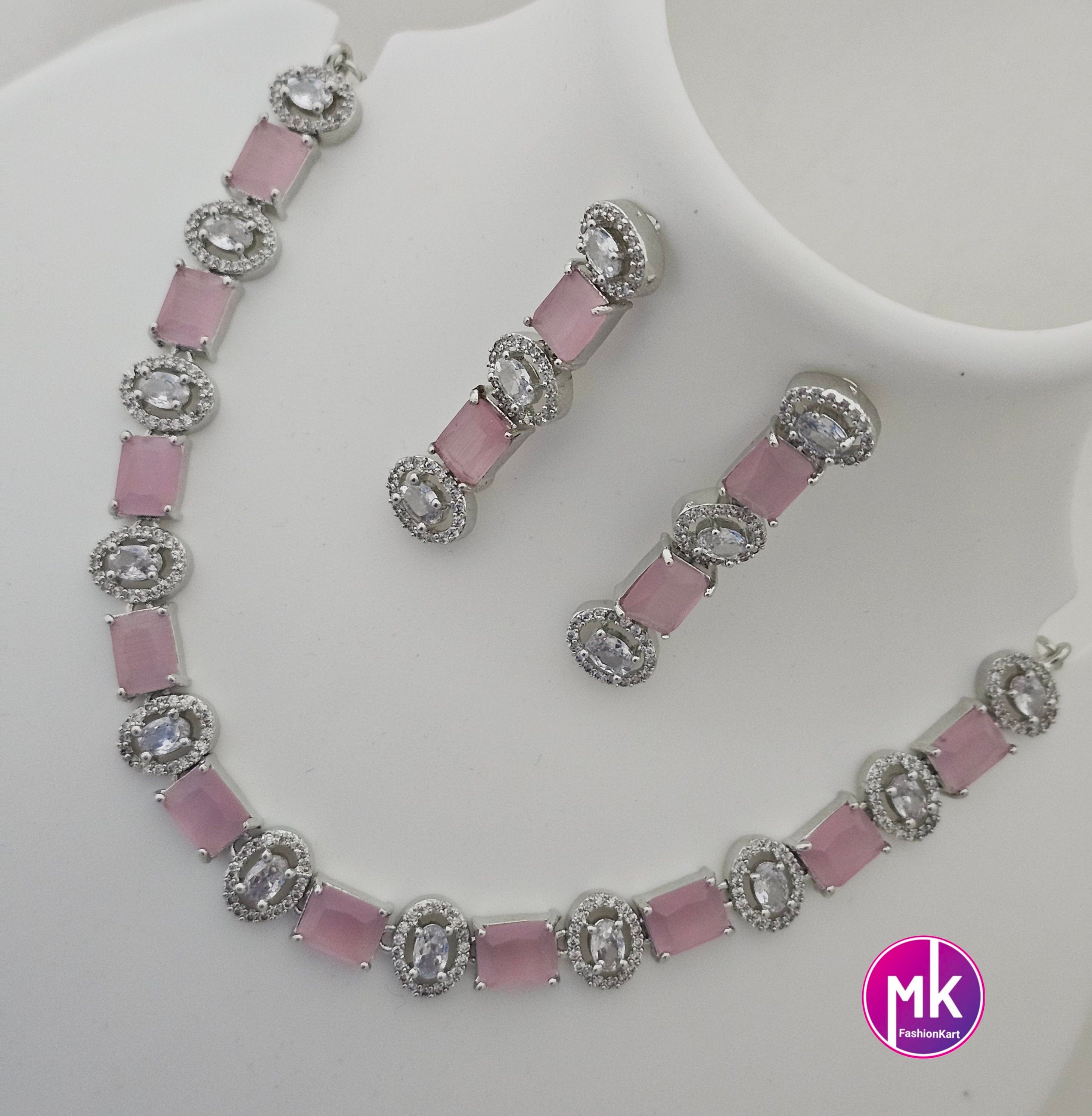 American Diamond Silver Finish CZ/AD Stone Baby pink Necklace with Earrings - Prom Necklace -  Diamond Jewelry Replica