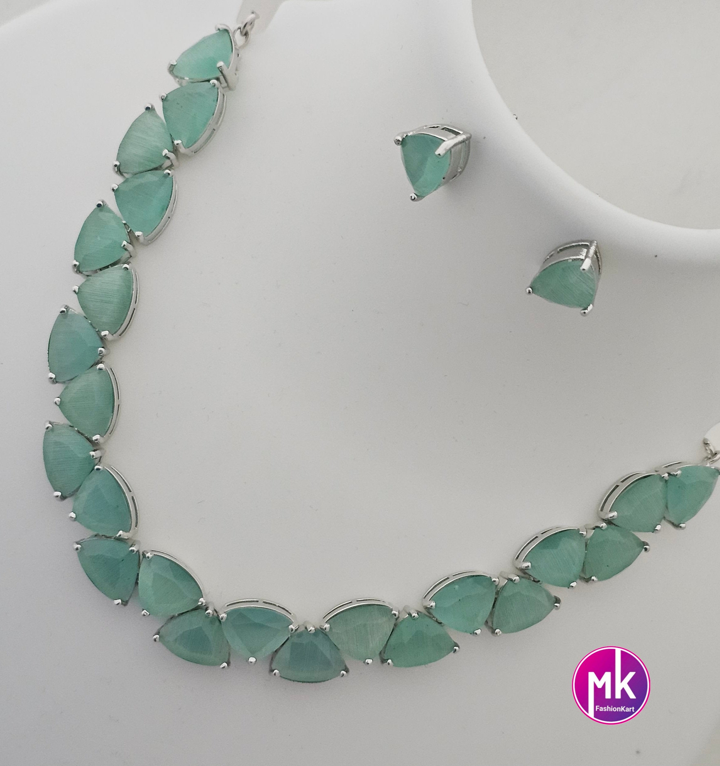 American Diamond Silver Finish AD Stone Teel Green Necklace with Earrings - Prom Necklace -  Diamond Jewelry Replica