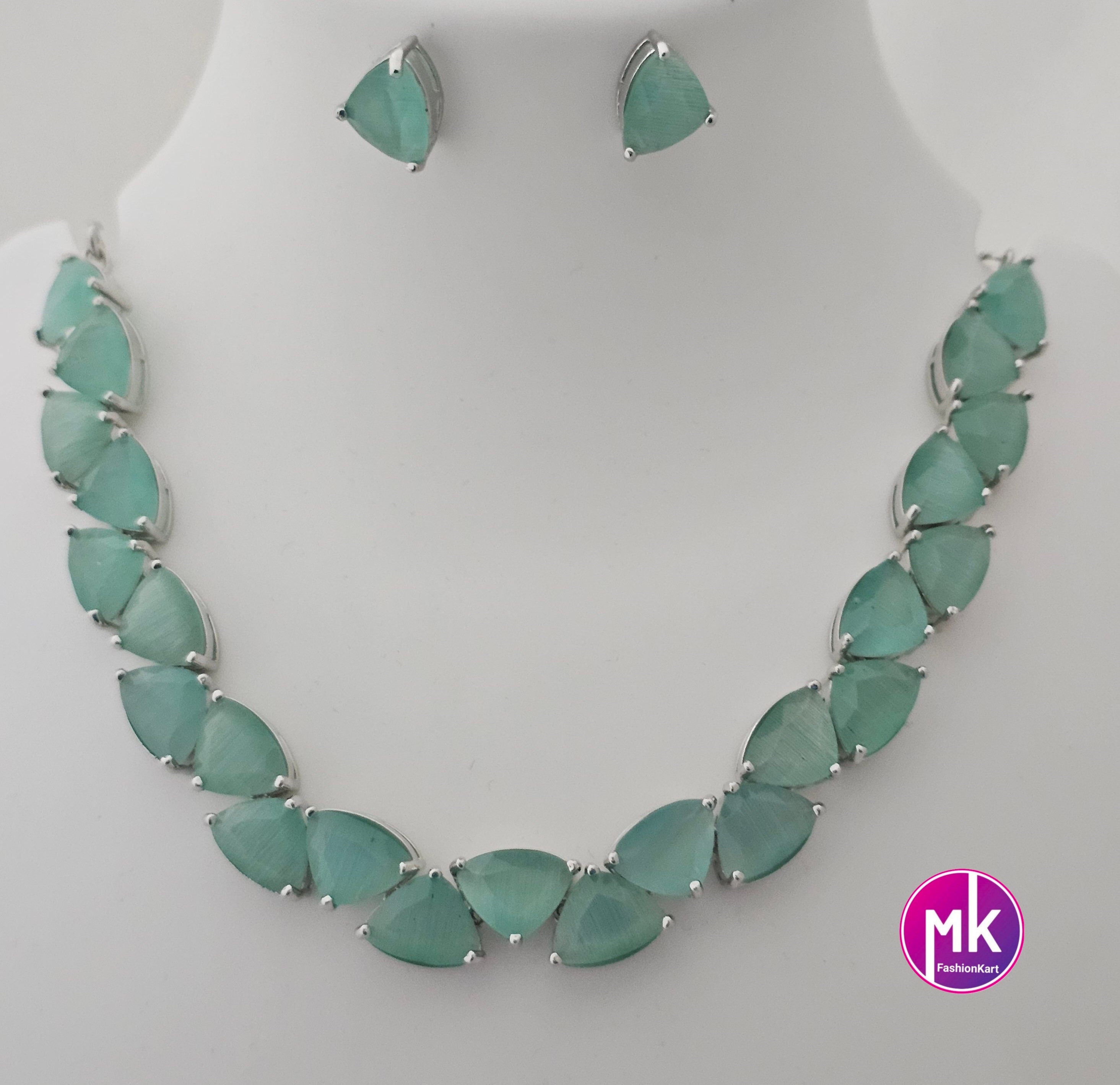 American Diamond Silver Finish AD Stone Teel Green Necklace with Earrings - Prom Necklace -  Diamond Jewelry Replica