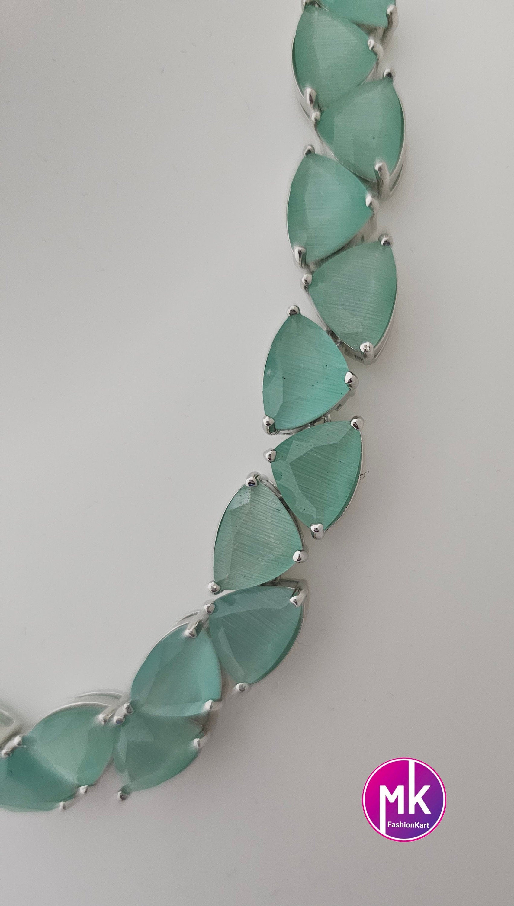 American Diamond Silver Finish AD Stone Teel Green Necklace with Earrings - Prom Necklace -  Diamond Jewelry Replica