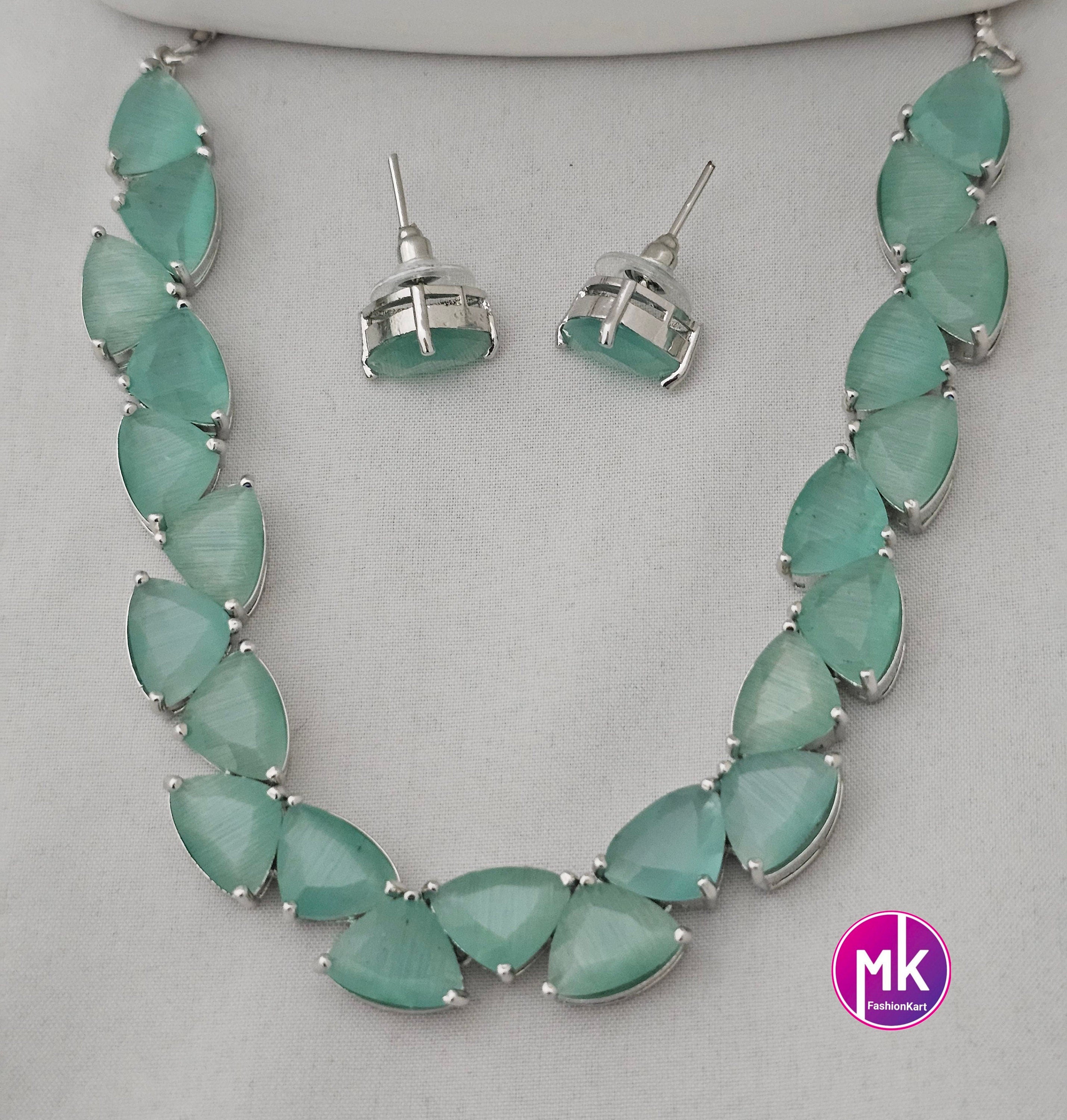 American Diamond Silver Finish AD Stone Teel Green Necklace with Earrings - Prom Necklace -  Diamond Jewelry Replica