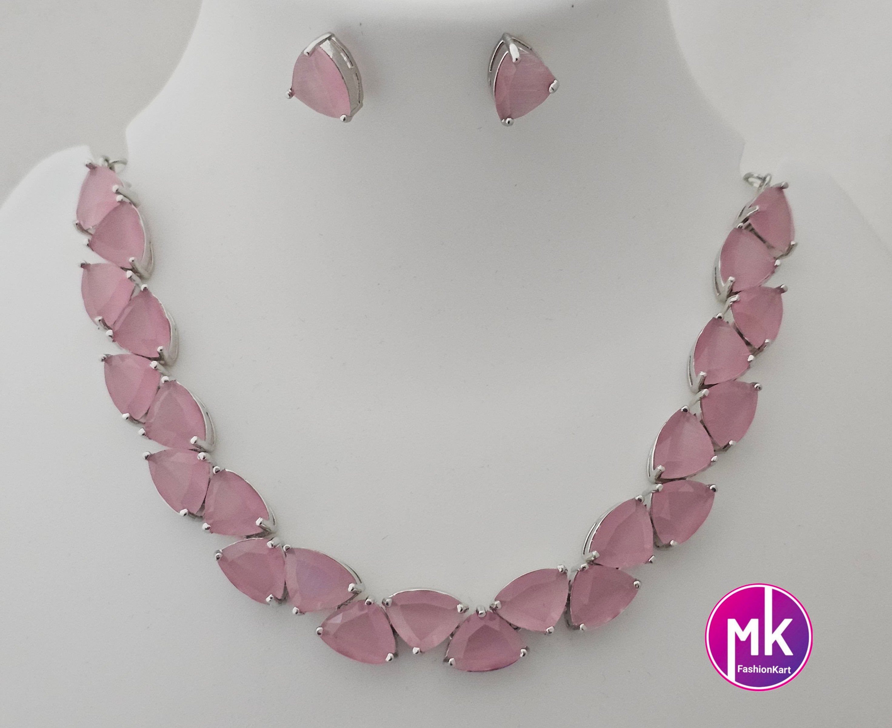 American Diamond Silver Finish AD Stone Baby pink Necklace with Earrings - Prom Necklace -  Diamond Jewelry Replica