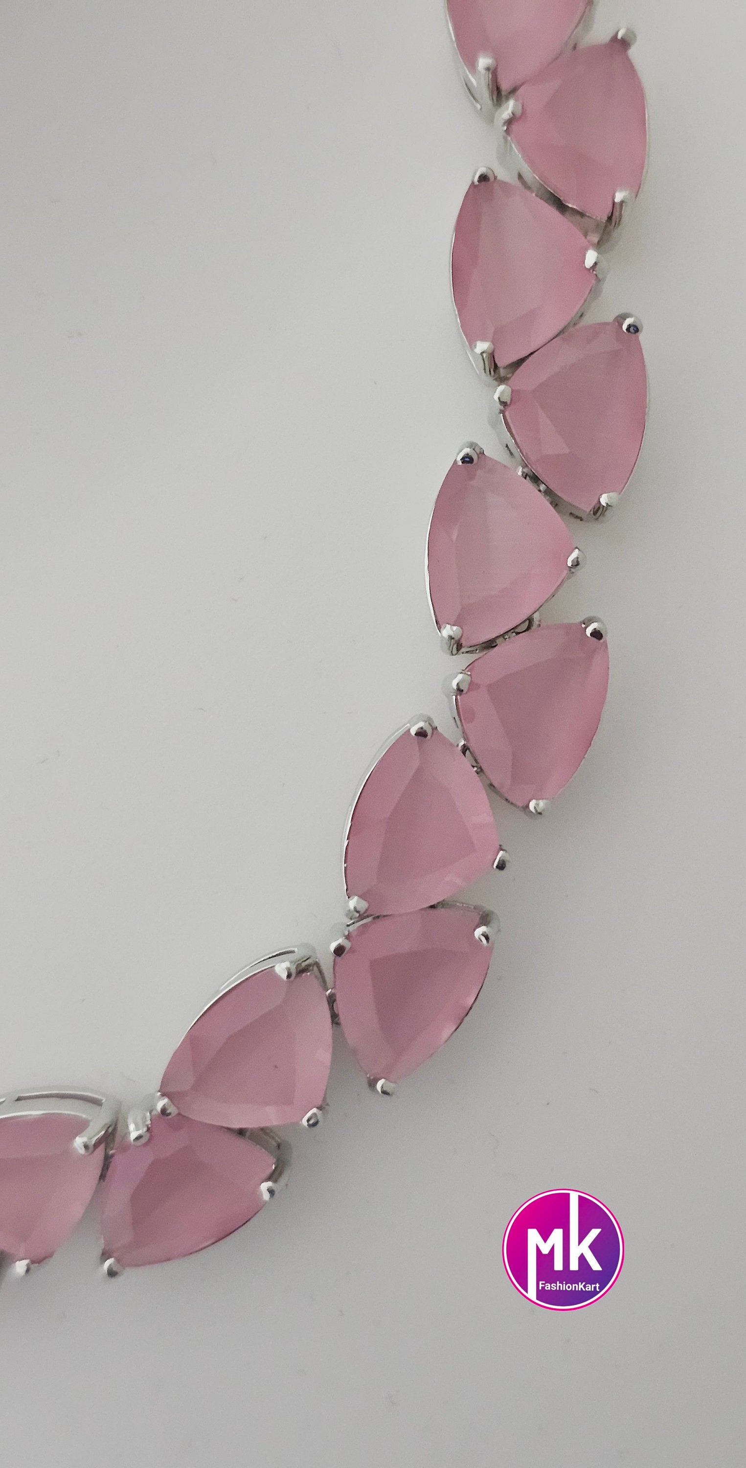 American Diamond Silver Finish AD Stone Baby pink Necklace with Earrings - Prom Necklace -  Diamond Jewelry Replica