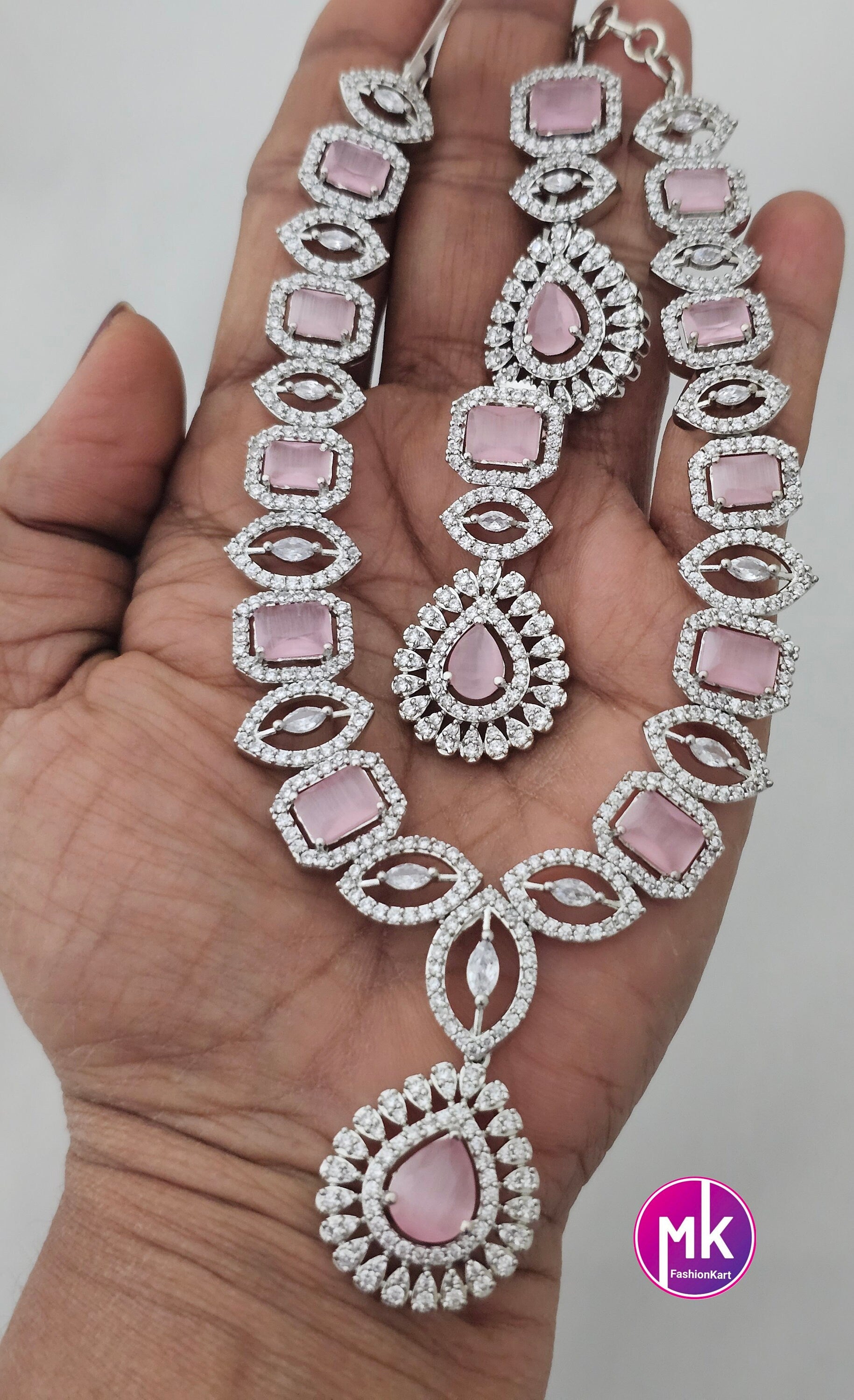 American Diamond Silver Finish CZ/AD Stone Baby pink Necklace with Earrings - Prom Necklace -  Diamond Jewelry Replica