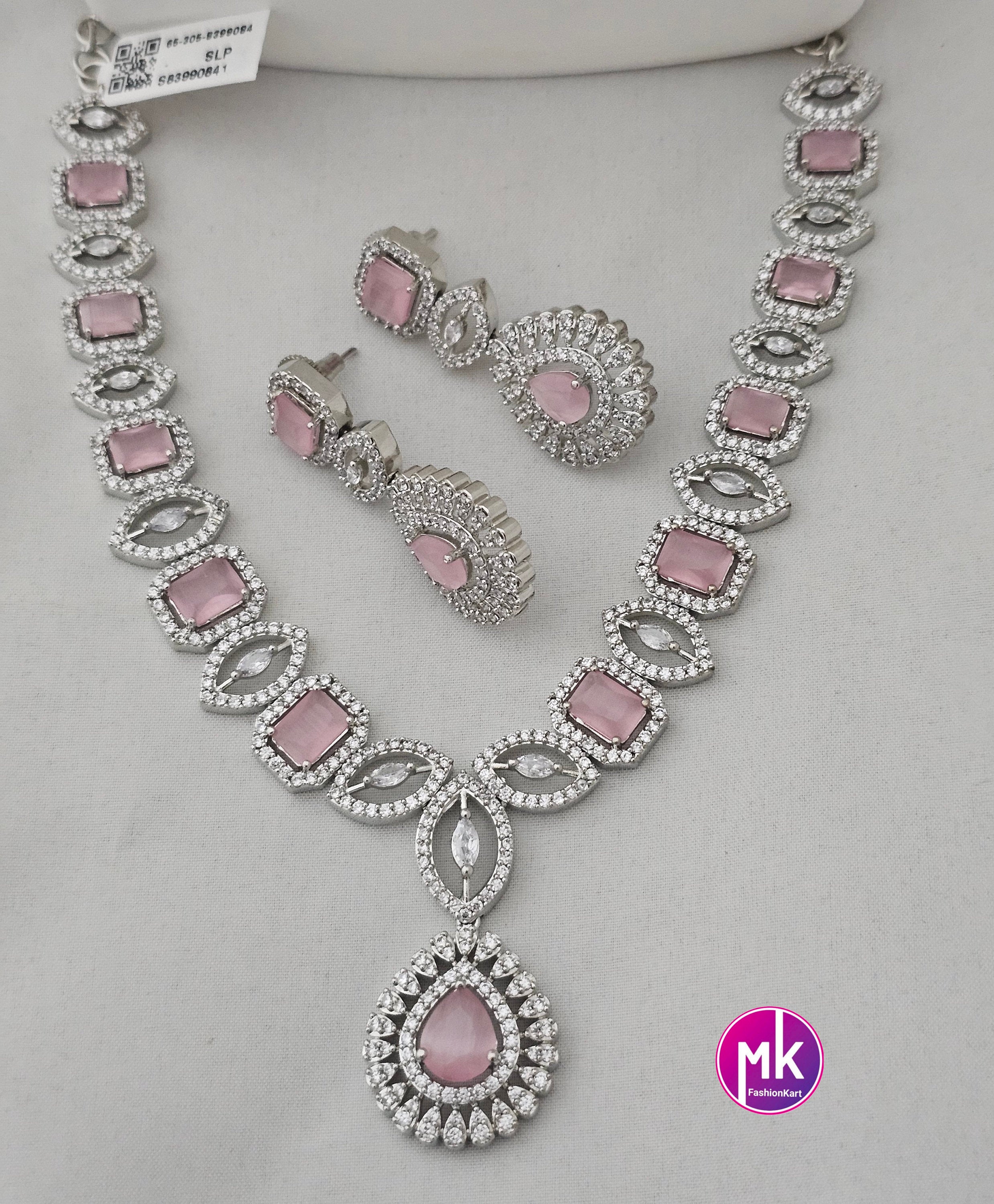 American Diamond Silver Finish CZ/AD Stone Baby pink Necklace with Earrings - Prom Necklace -  Diamond Jewelry Replica