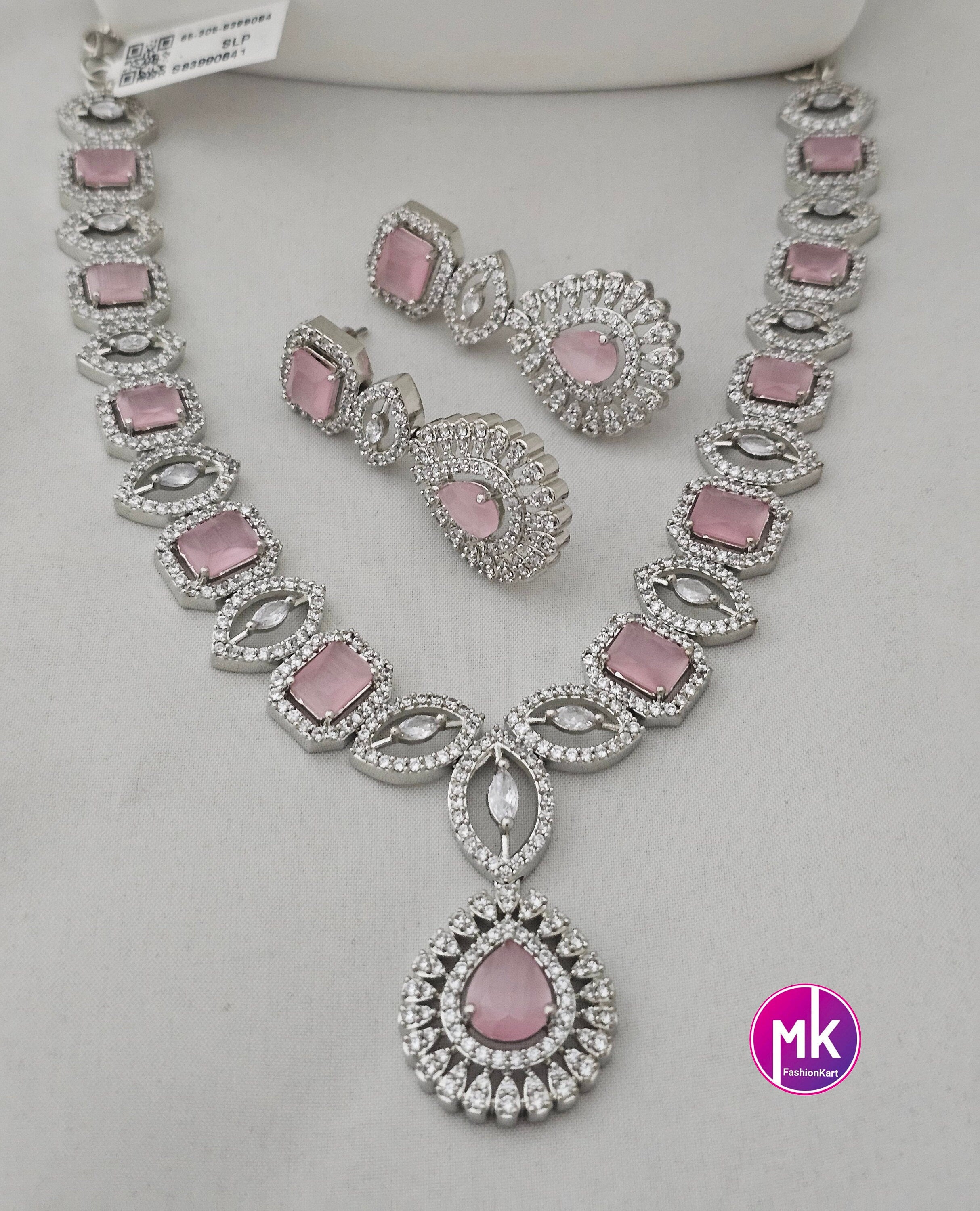 American Diamond Silver Finish CZ/AD Stone Baby pink Necklace with Earrings - Prom Necklace -  Diamond Jewelry Replica