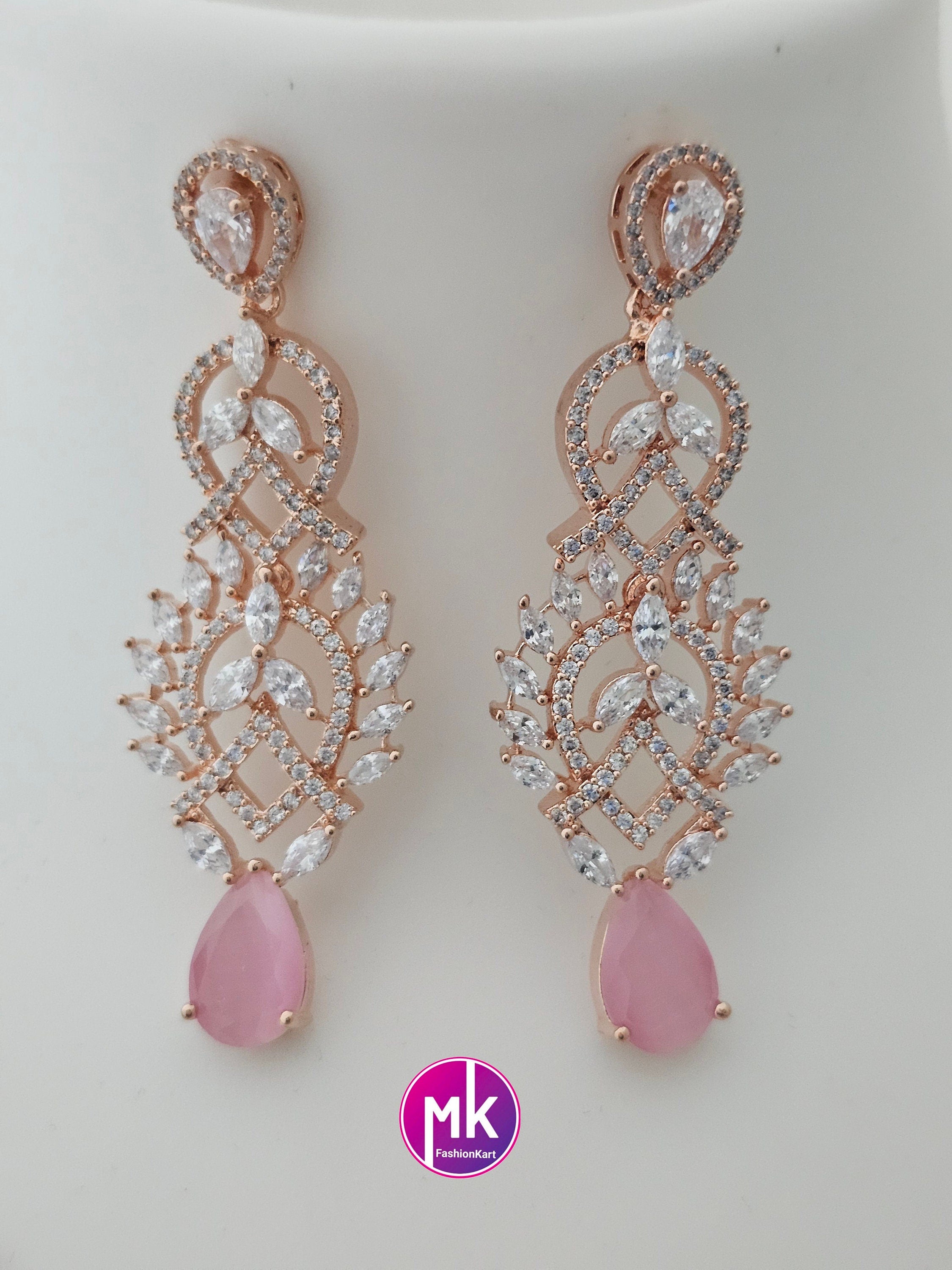 Rose gold Gorgeous AD Stone Bridal Choker and matching long Earrings - Prom Necklace -  Gold Replica