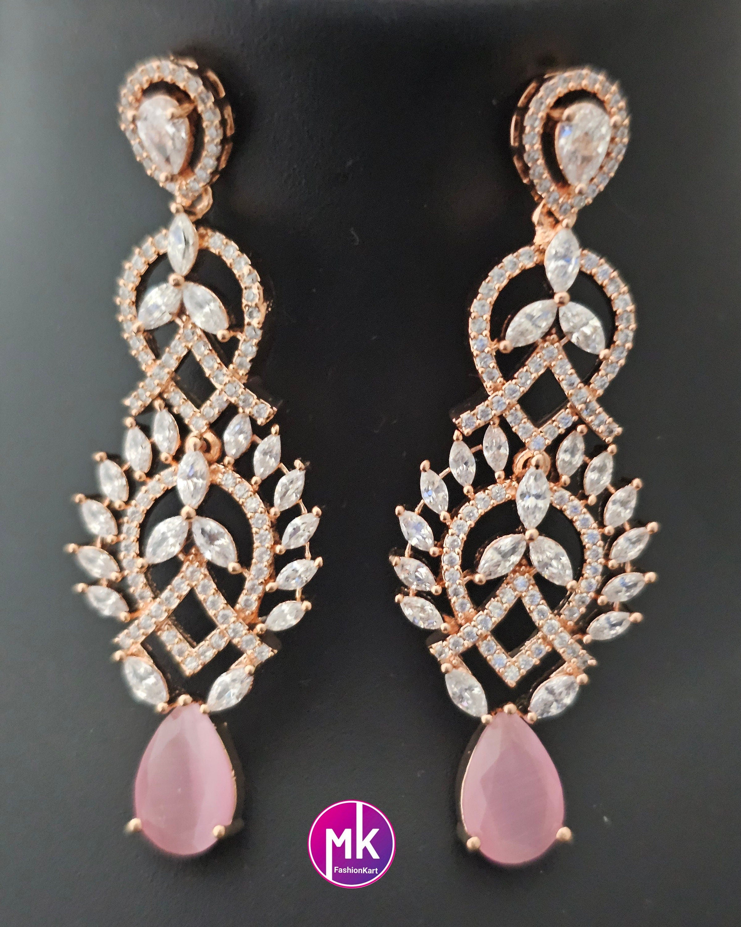 Rose gold Gorgeous AD Stone Bridal Choker and matching long Earrings - Prom Necklace -  Gold Replica