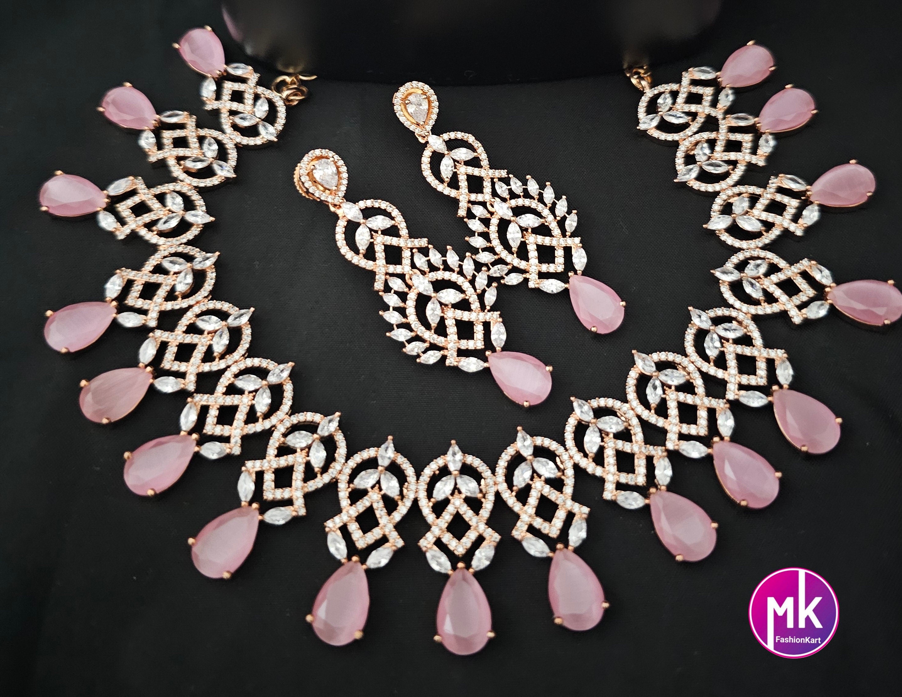 Rose gold Gorgeous AD Stone Bridal Choker and matching long Earrings - Prom Necklace -  Gold Replica