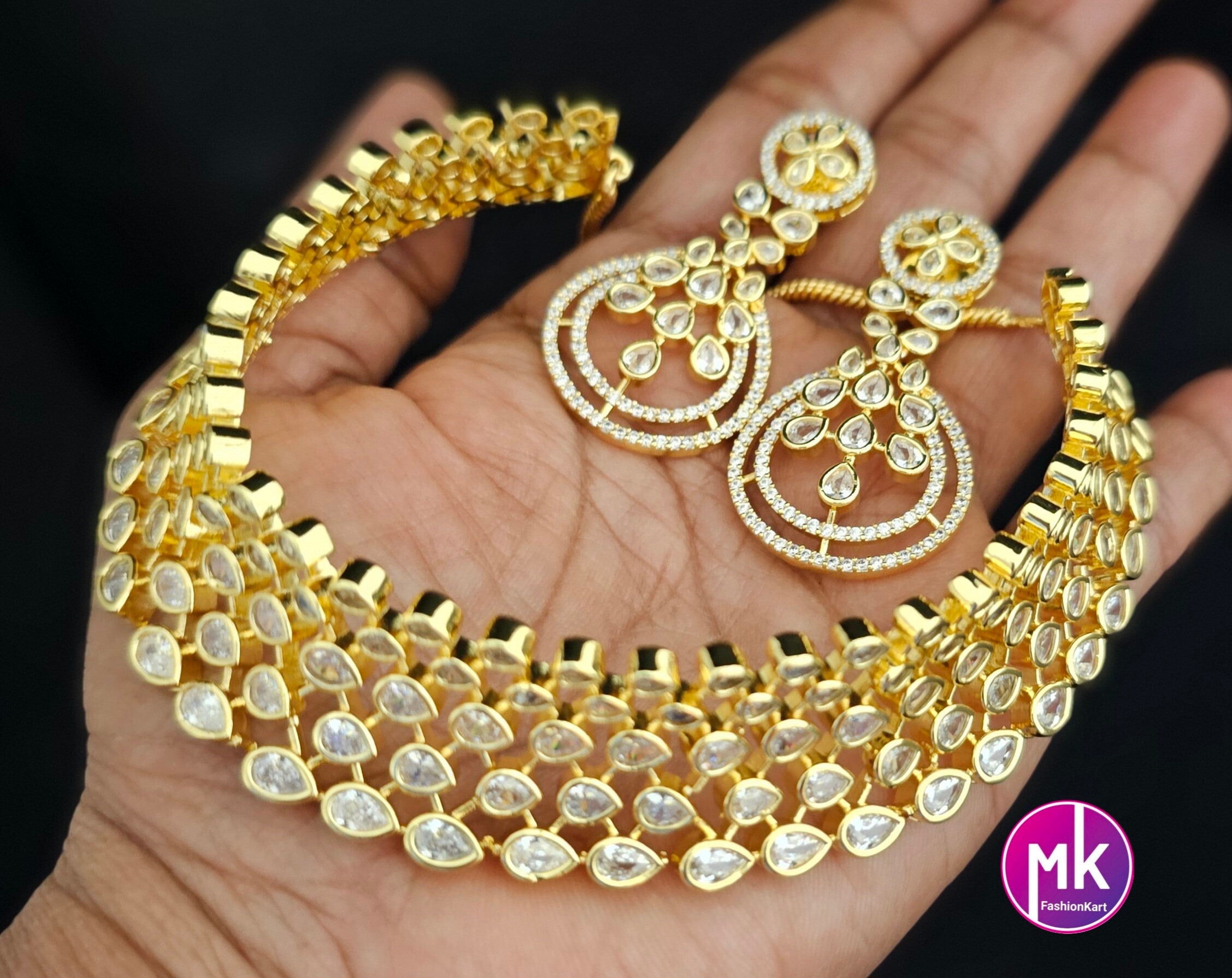 Premium Gold finish AD Stone White Choker with matching long Earrings - Prom Necklace -  Gold Jewelry Replica