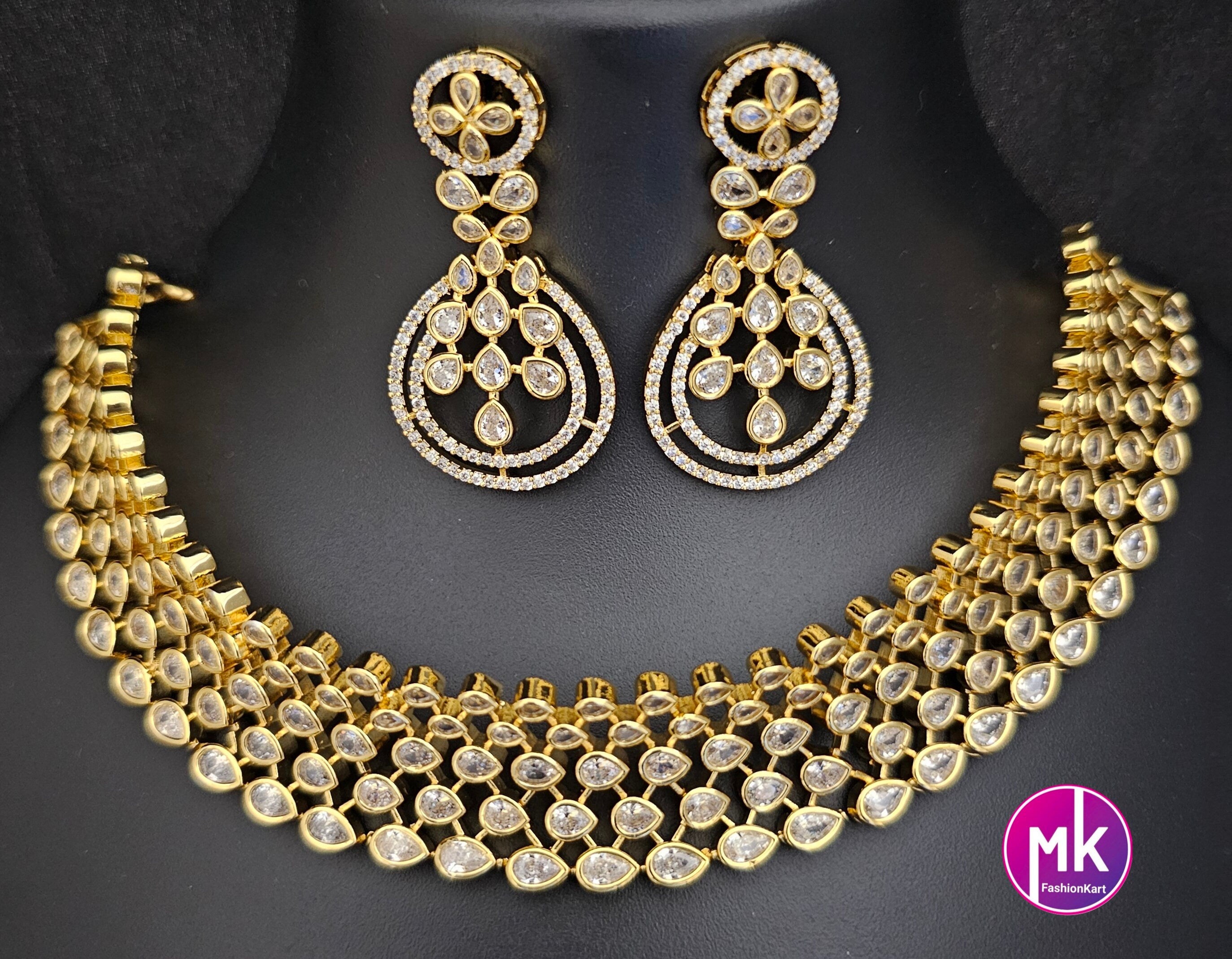 Premium Gold finish AD Stone White Choker with matching long Earrings - Prom Necklace -  Gold Jewelry Replica