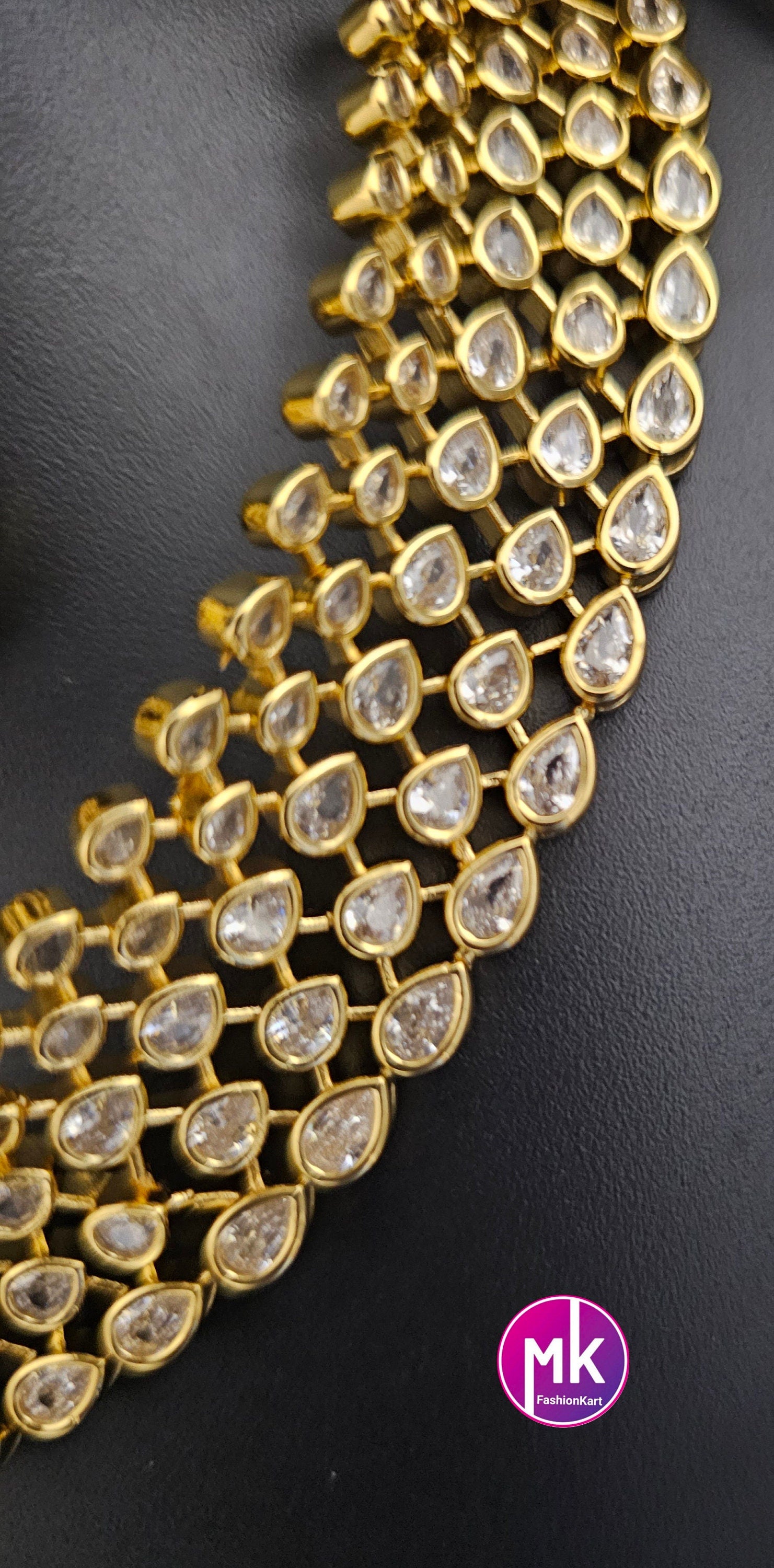 Premium Gold finish AD Stone White Choker with matching long Earrings - Prom Necklace -  Gold Jewelry Replica