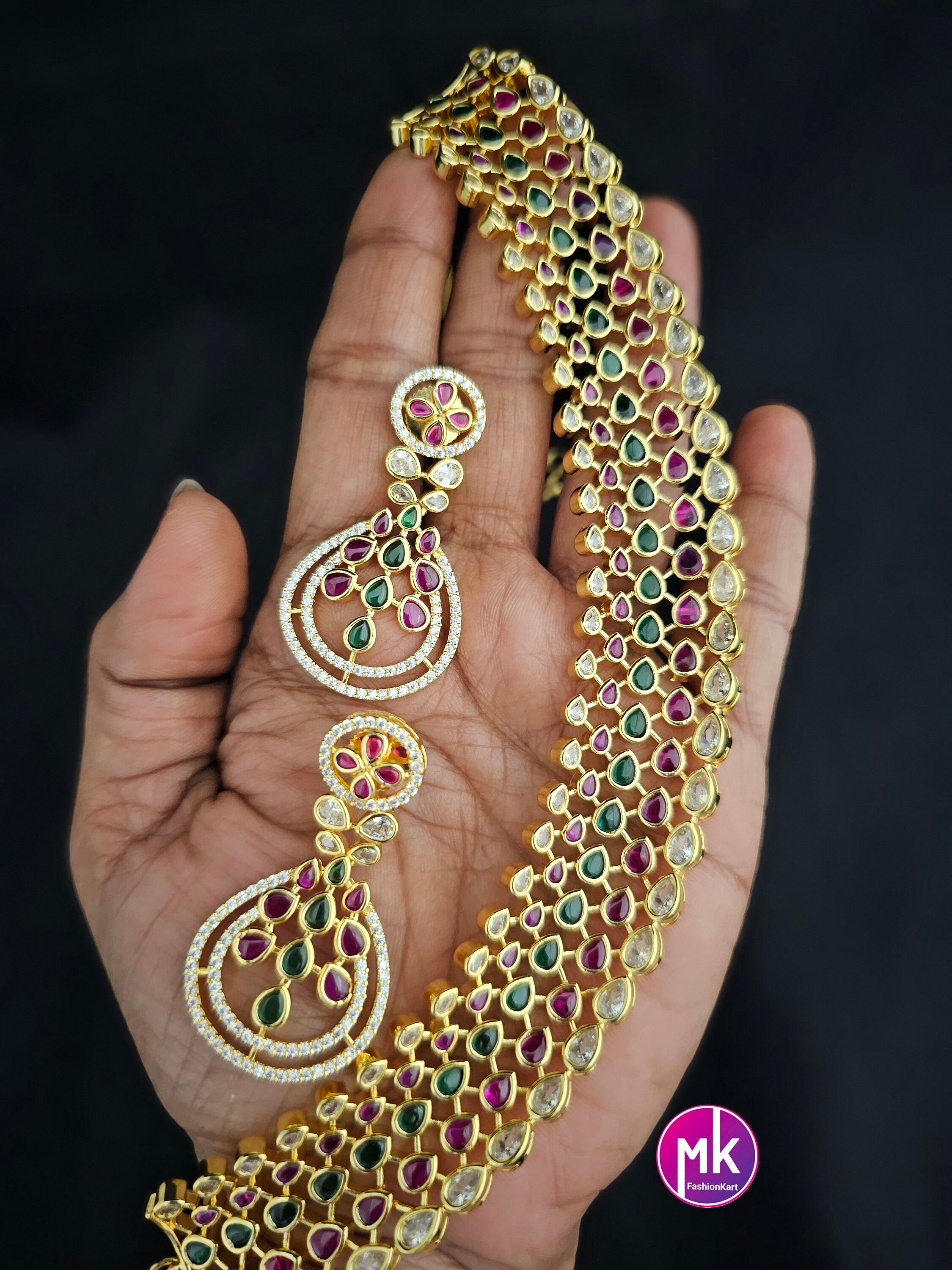 Premium Gold finish AD Stone Multi-color Choker with matching long Earrings - Prom Necklace -  Gold Jewelry Replica