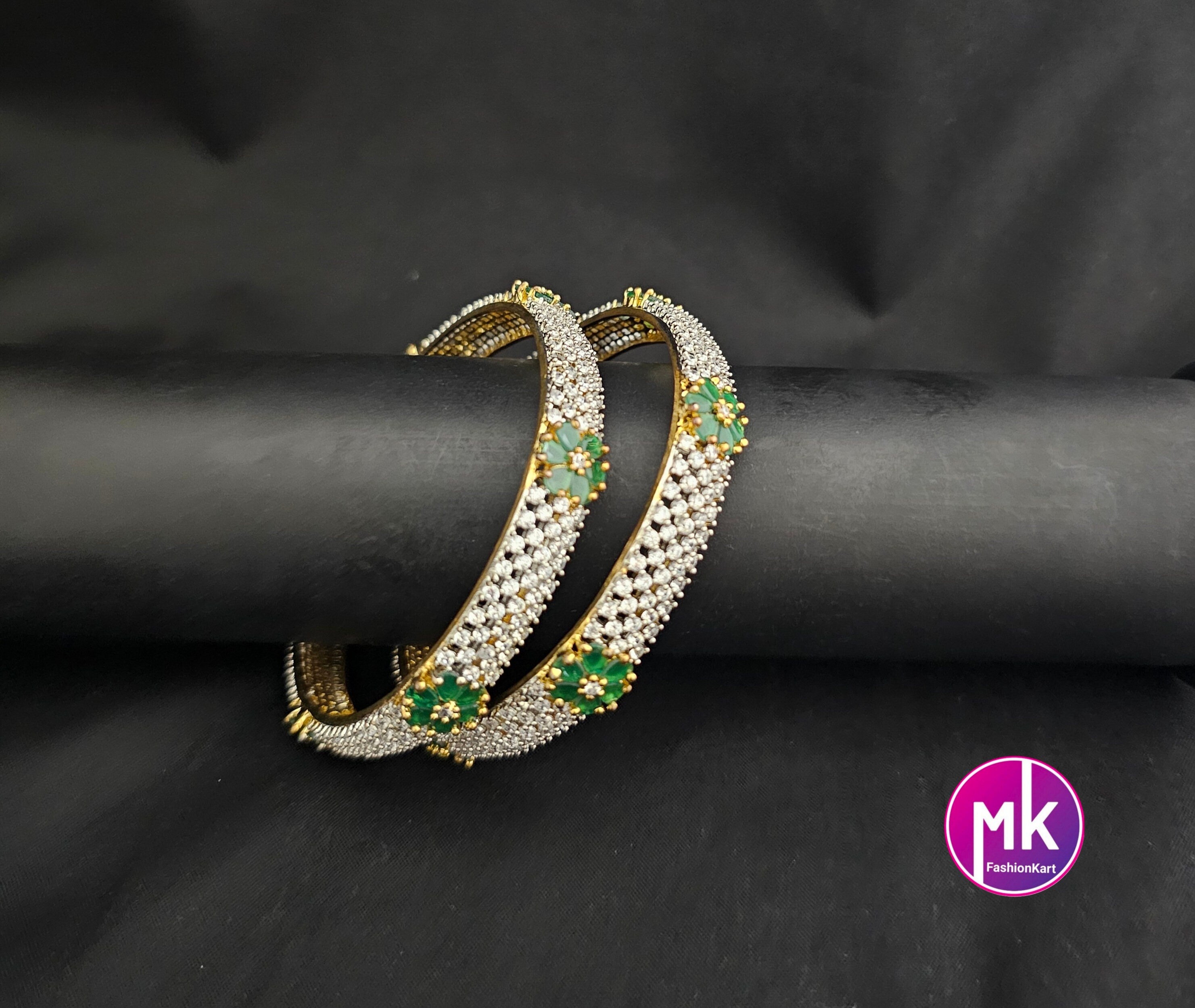 Premium Quality Gold finish AD White and Green stone flower type Bangles - Set of 2 bangles - Size 2.6