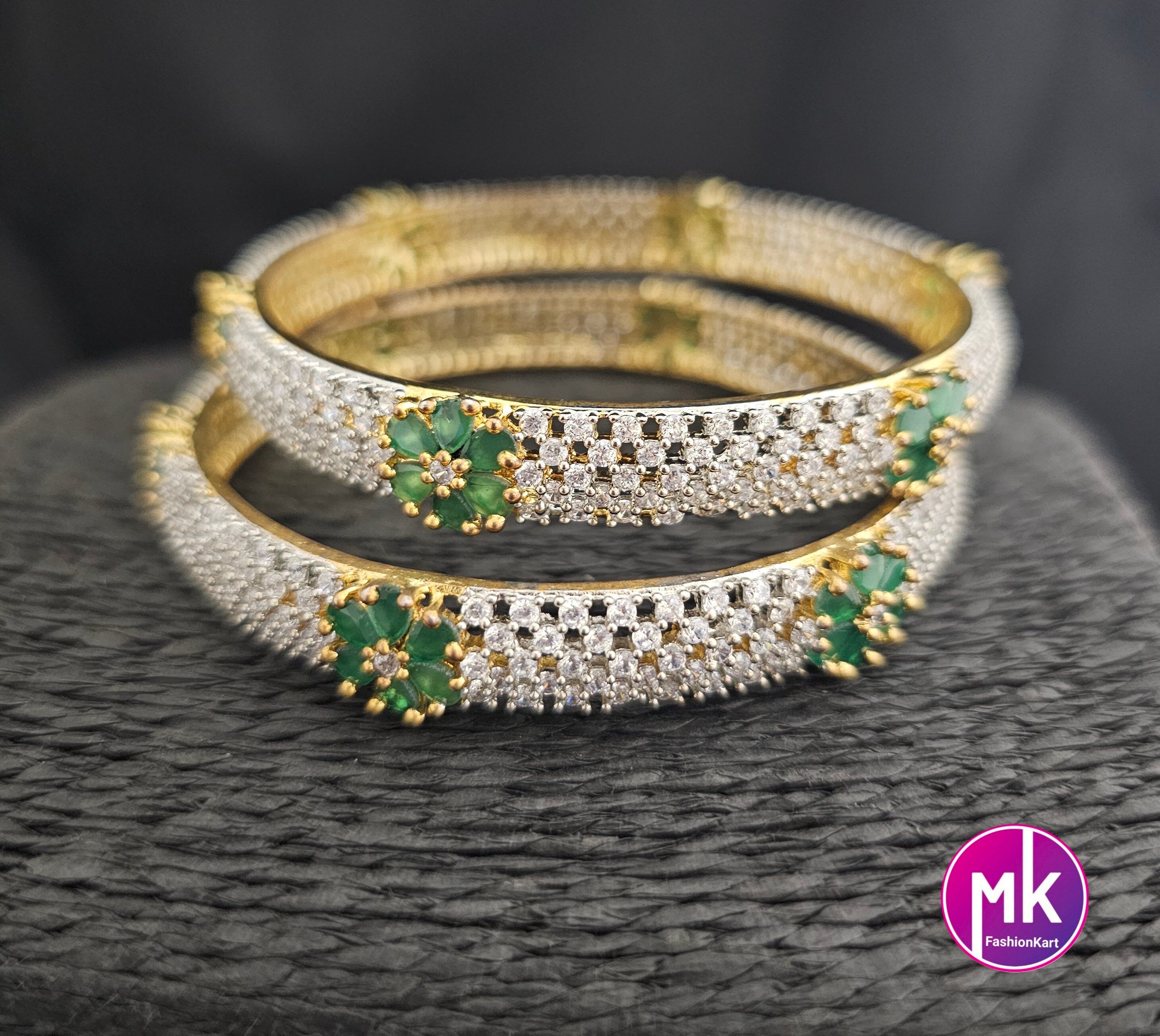 Premium Quality Gold finish AD White and Green stone flower type Bangles - Set of 2 bangles - Size 2.6