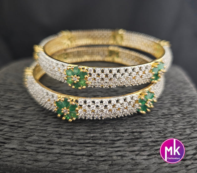 Premium Quality Gold finish AD White and Green stone flower type Bangles - Set of 2 bangles - Size 2.6