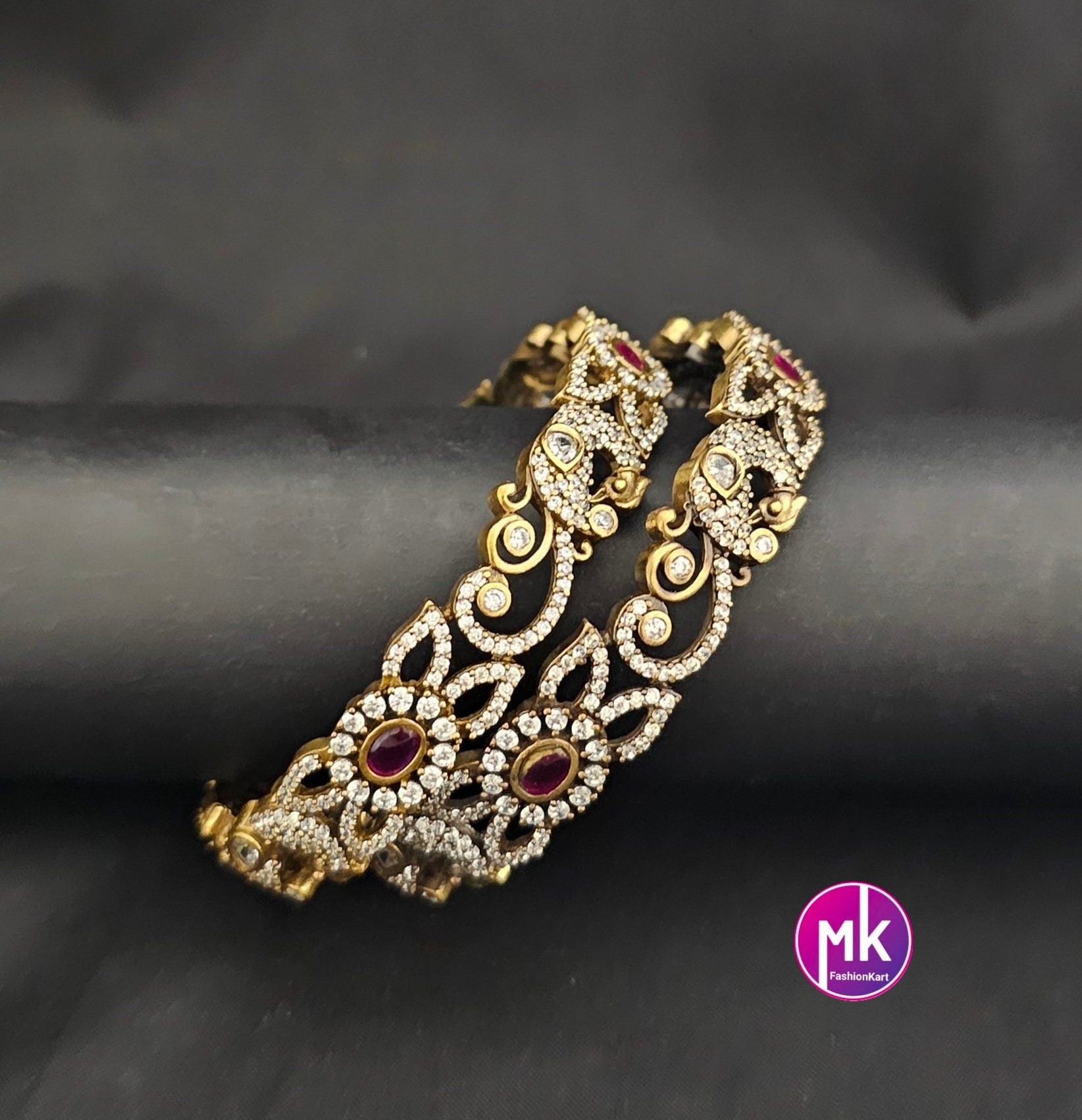 Victorian Bangle / Ethnic Bangles / Bollywood Jewelry / Floral and Peacock design Bangle - Set of 2 bangles - Size 2.6/2.8