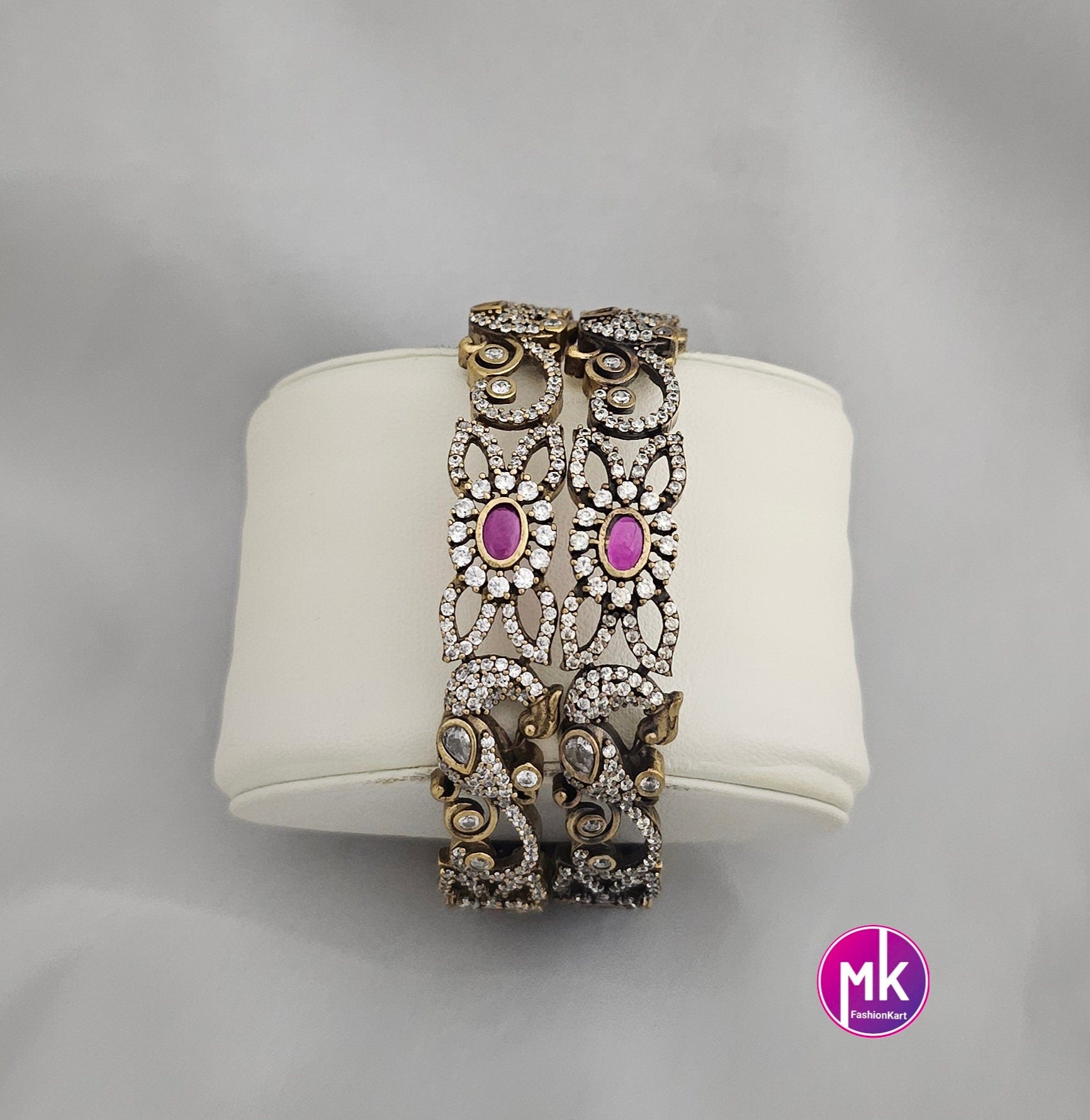 Victorian Bangle / Ethnic Bangles / Bollywood Jewelry / Floral and Peacock design Bangle - Set of 2 bangles - Size 2.6/2.8