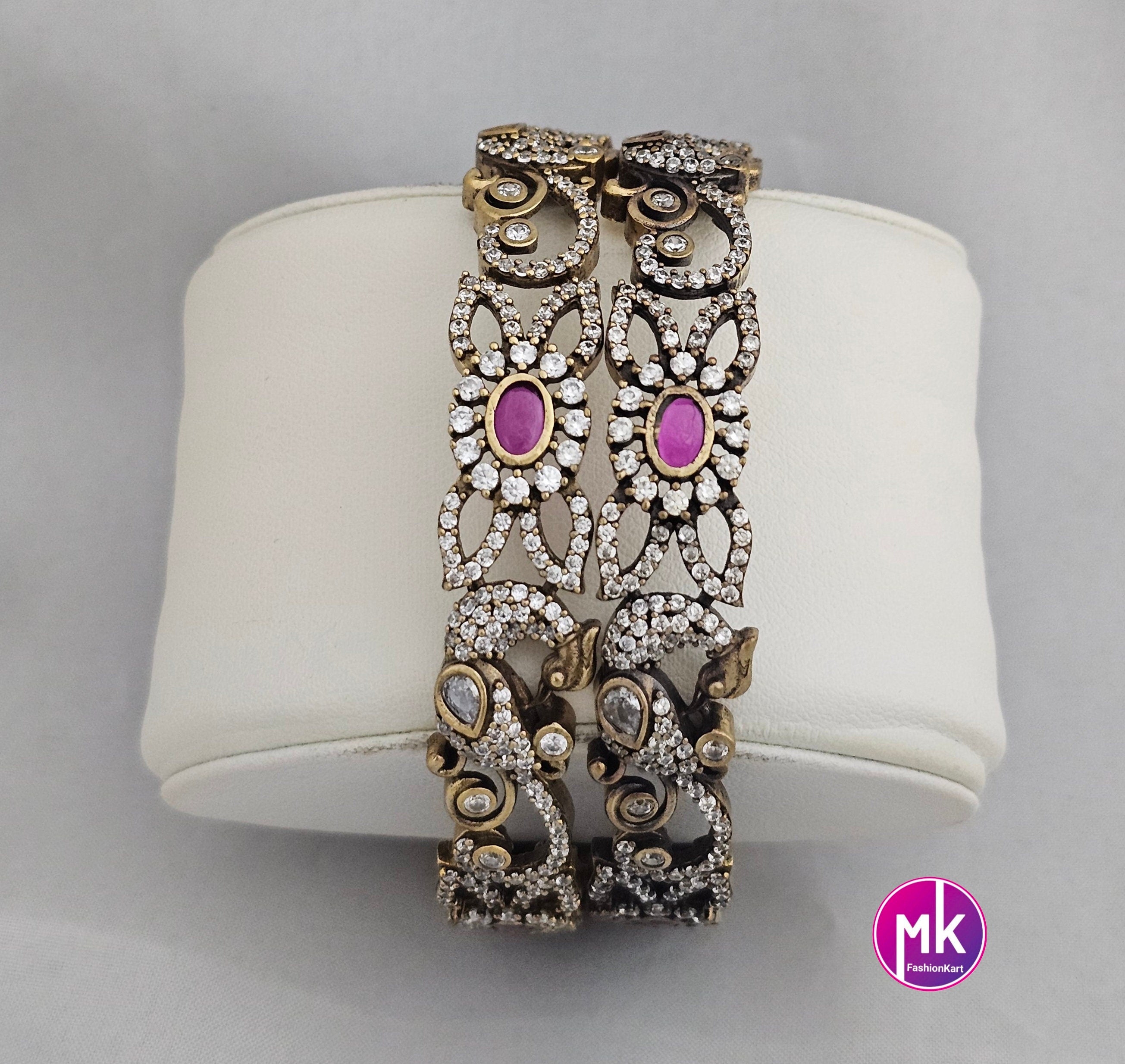 Victorian Bangle / Ethnic Bangles / Bollywood Jewelry / Floral and Peacock design Bangle - Set of 2 bangles - Size 2.6/2.8