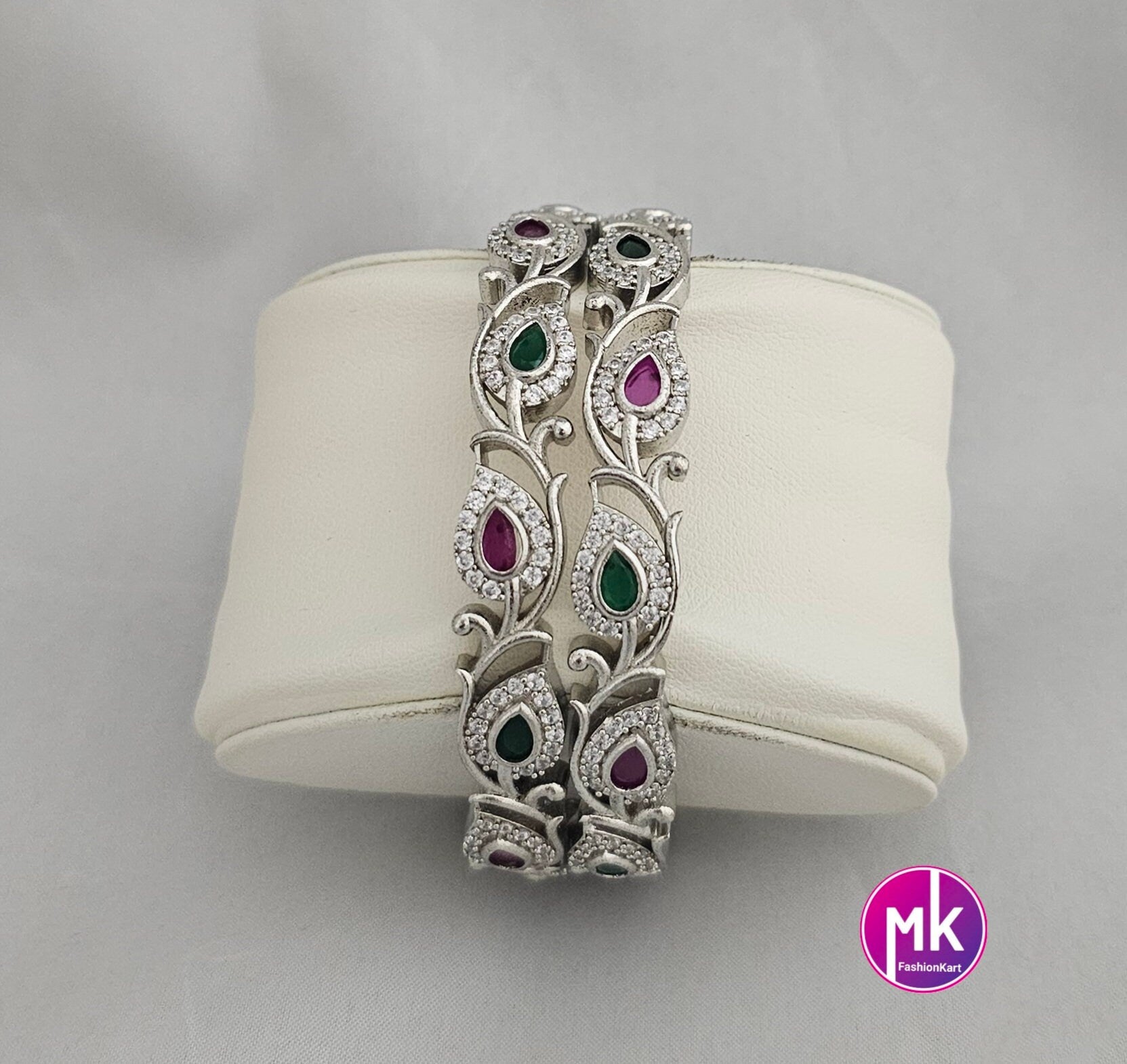 Silver Finish Premium Quality Multi-color Leaves design AD stone Bangles - Set of 2 bangles - Size 2.6