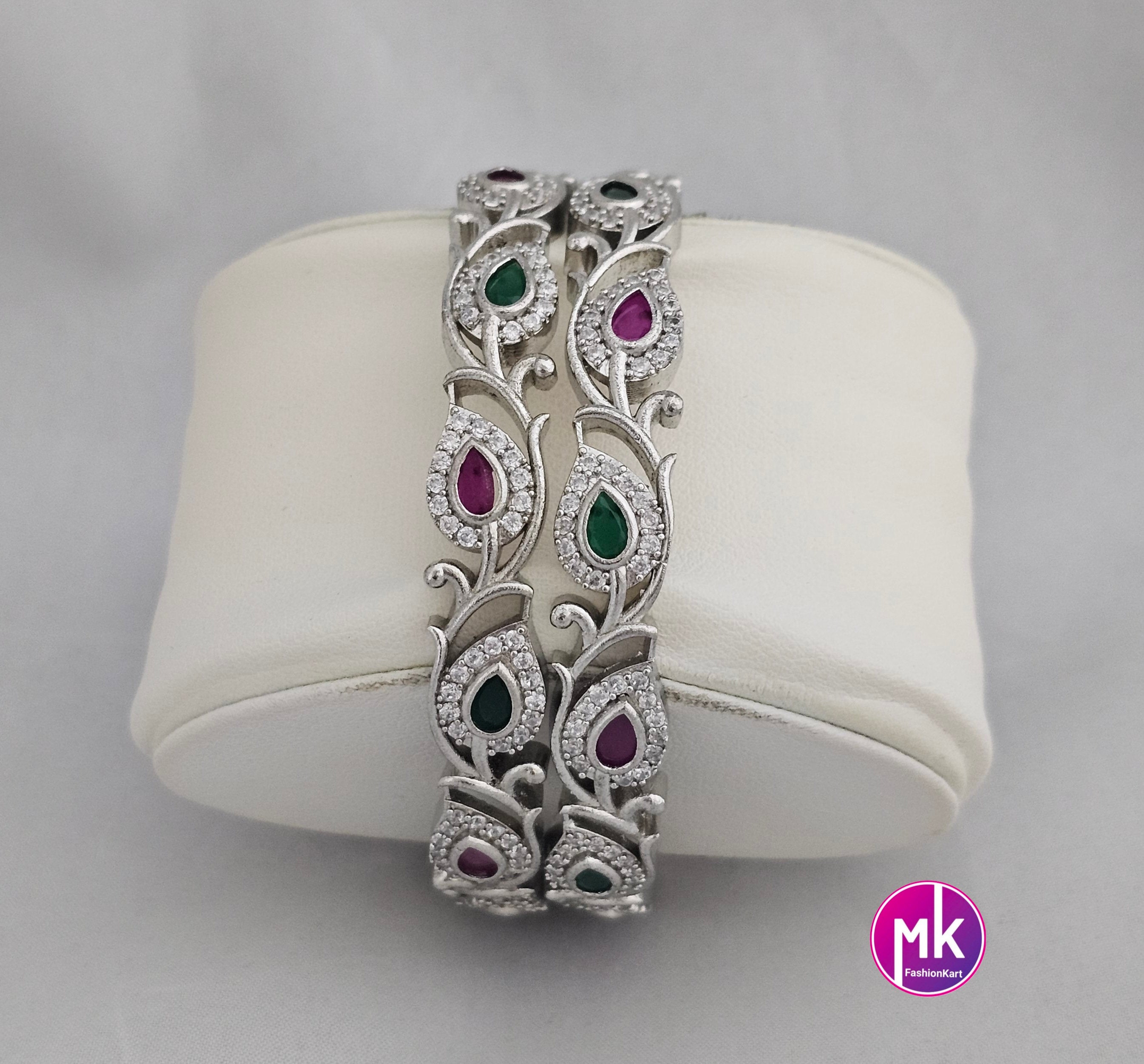 Silver Finish Premium Quality Multi-color Leaves design AD stone Bangles - Set of 2 bangles - Size 2.6