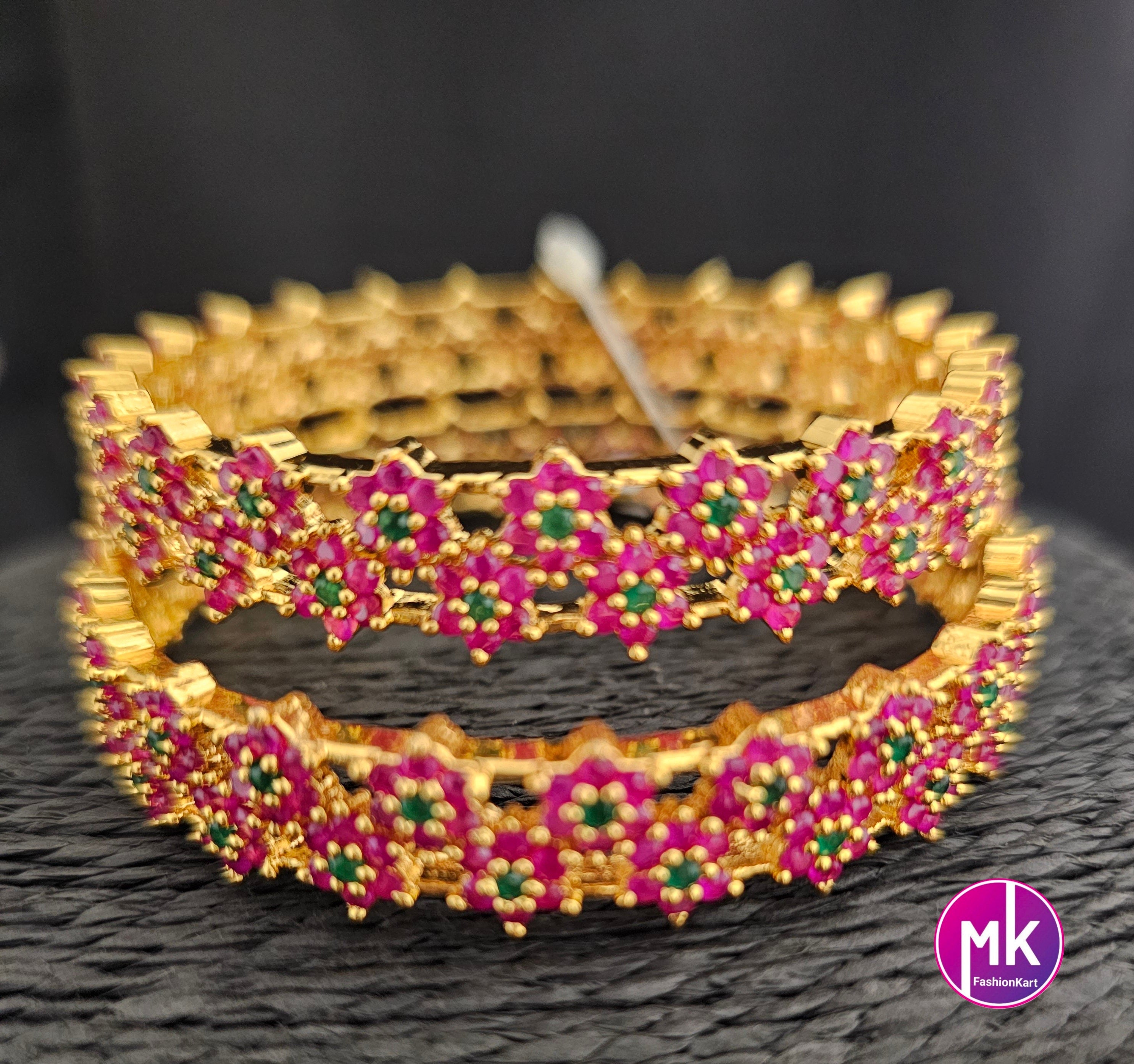 Premium Quality CZ Gold finish with flower stone work bangles - Set of 2 bangles - Size 2.6