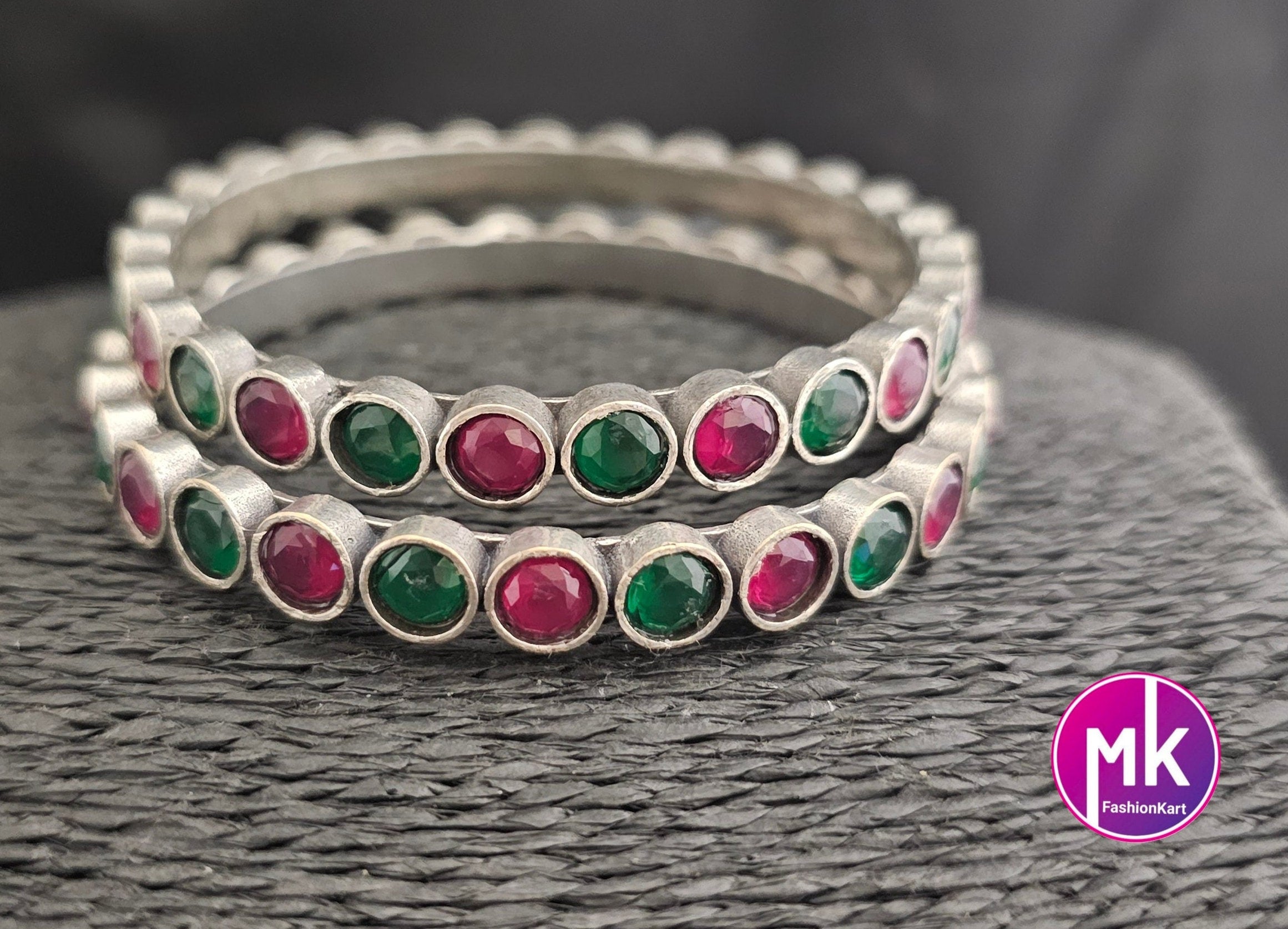 Oxidized Bangles with multi-color stones - Set of 2 Bangles - Size 2.6