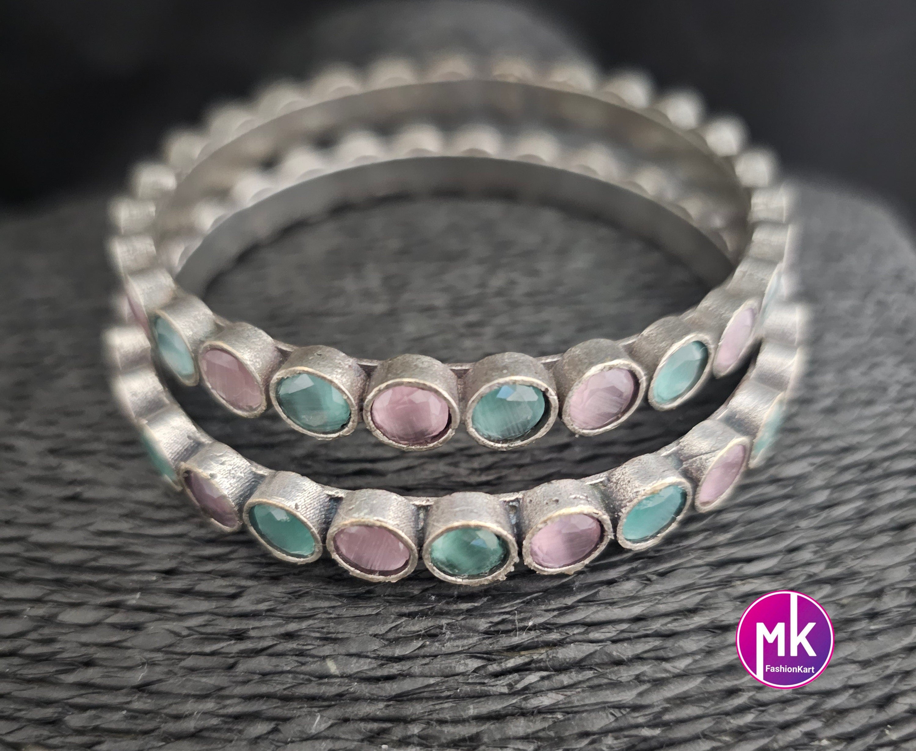 Oxidized Bangles with multi-color stones - Set of 2 Bangles - Size 2.6