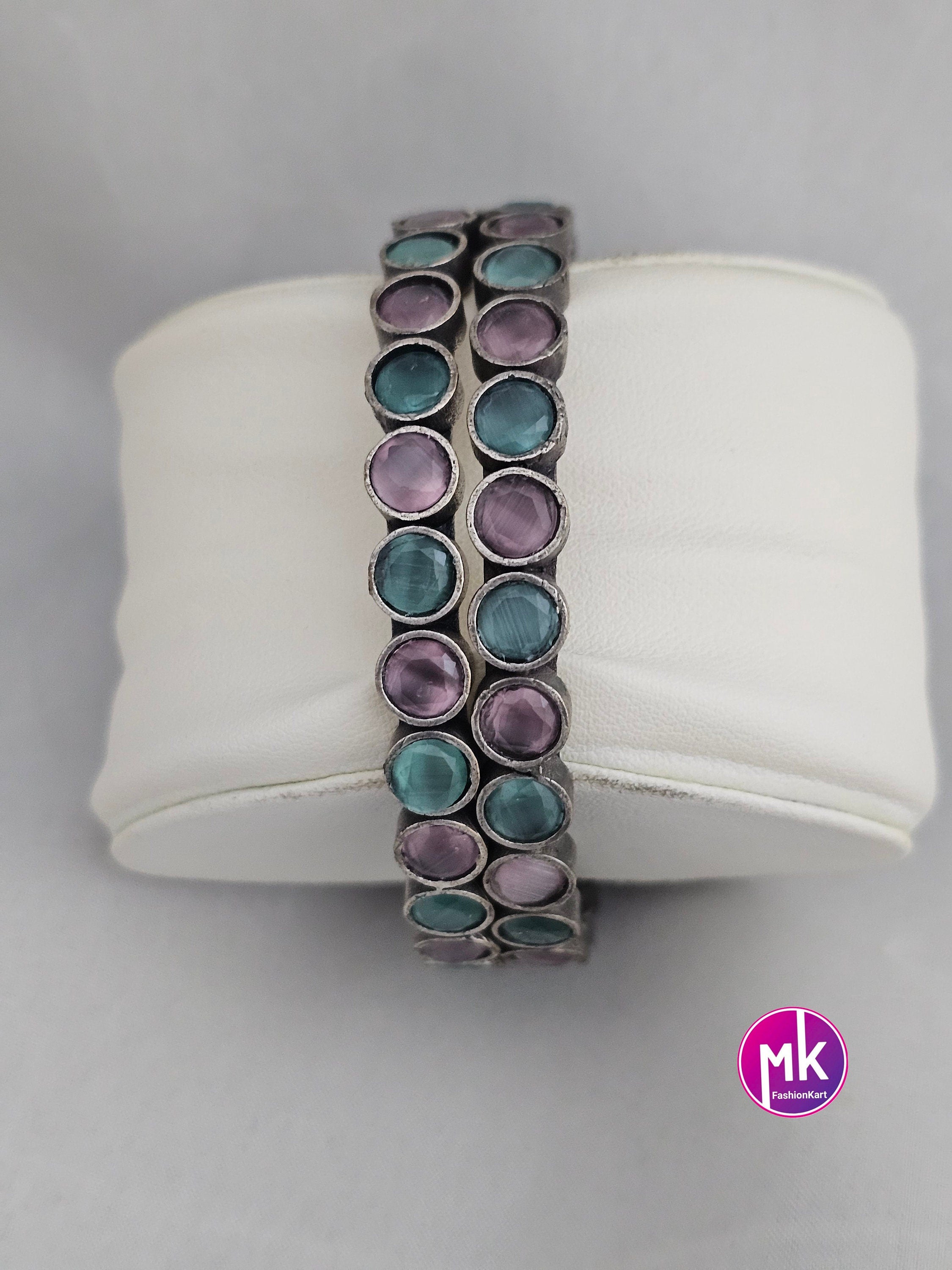 Oxidized Bangles with multi-color stones - Set of 2 Bangles - Size 2.6