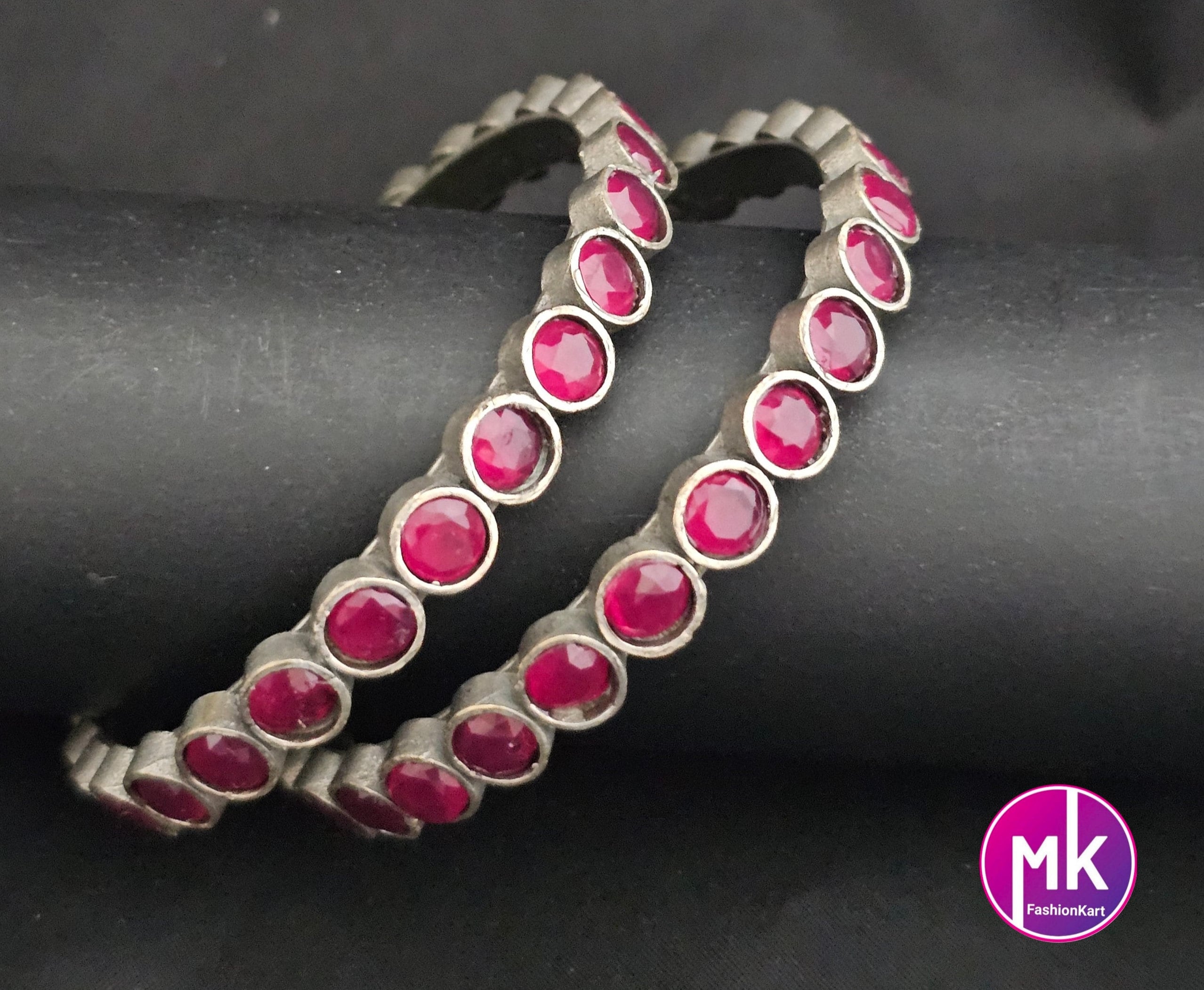 Oxidized Bangles with Pink stones - Set of 2 Bangles - Size 2.6 - Fashion Jewelry