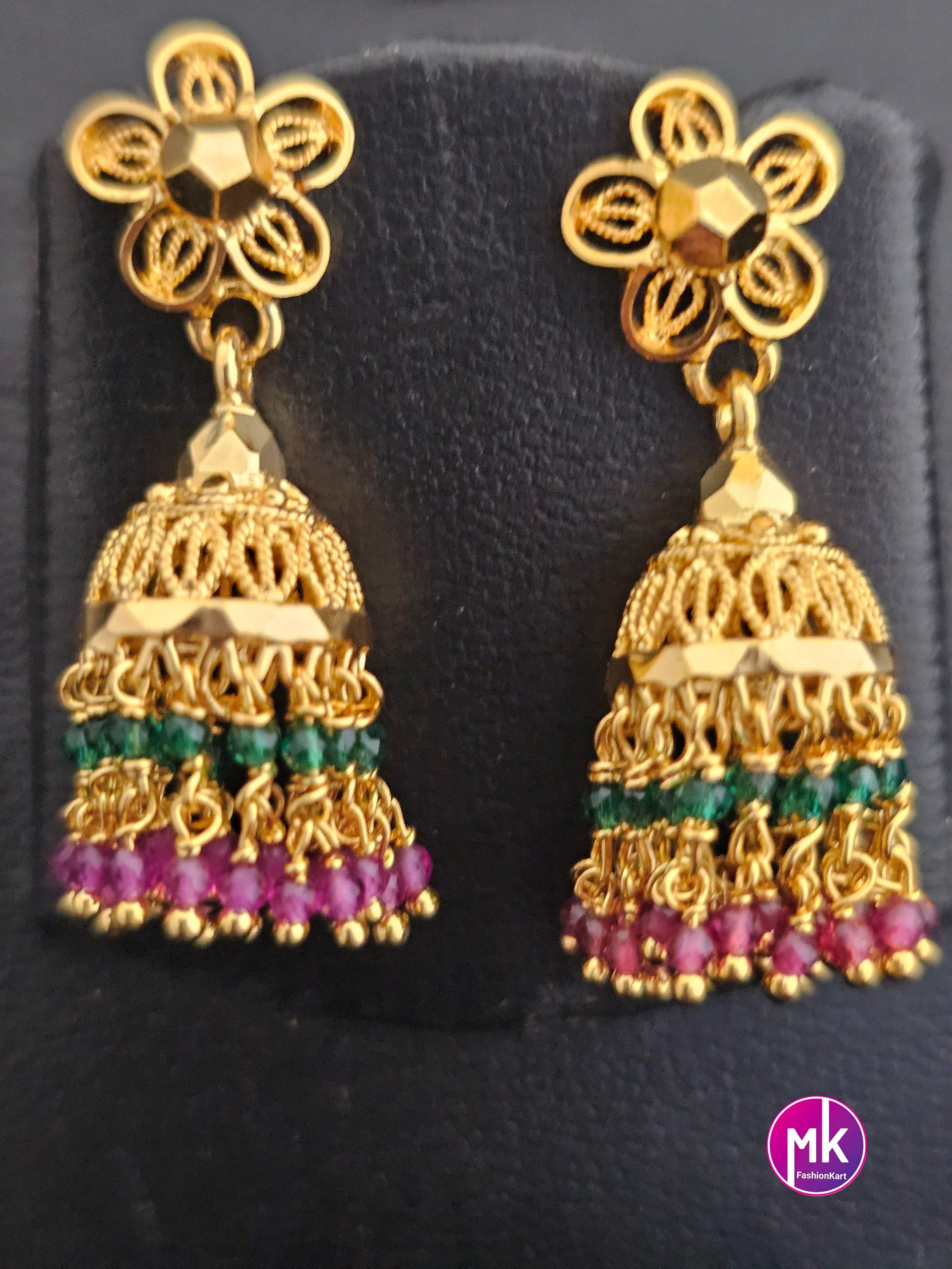 Gold finish Flower design Jhumka with hanging crystals and gold beads