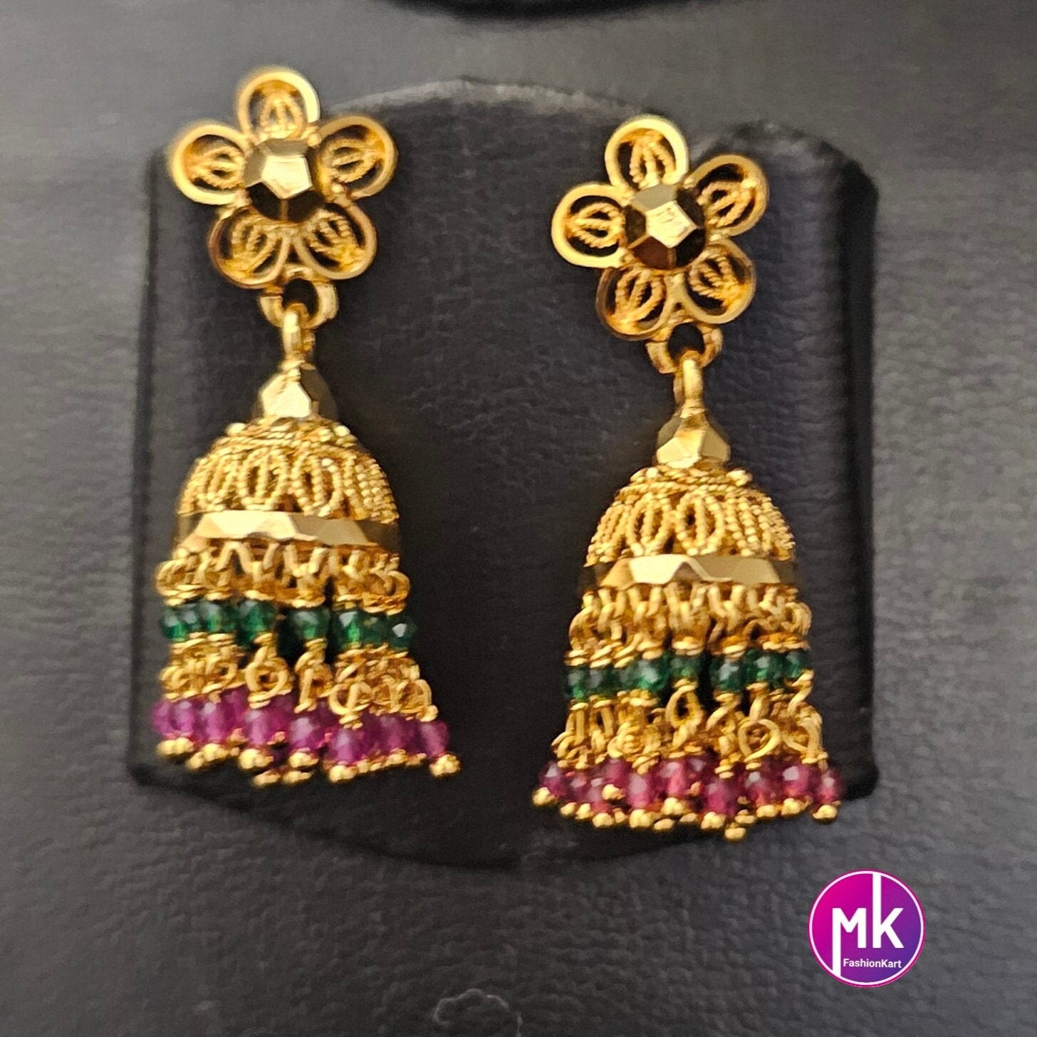Gold finish Flower design Jhumka with hanging crystals and gold beads