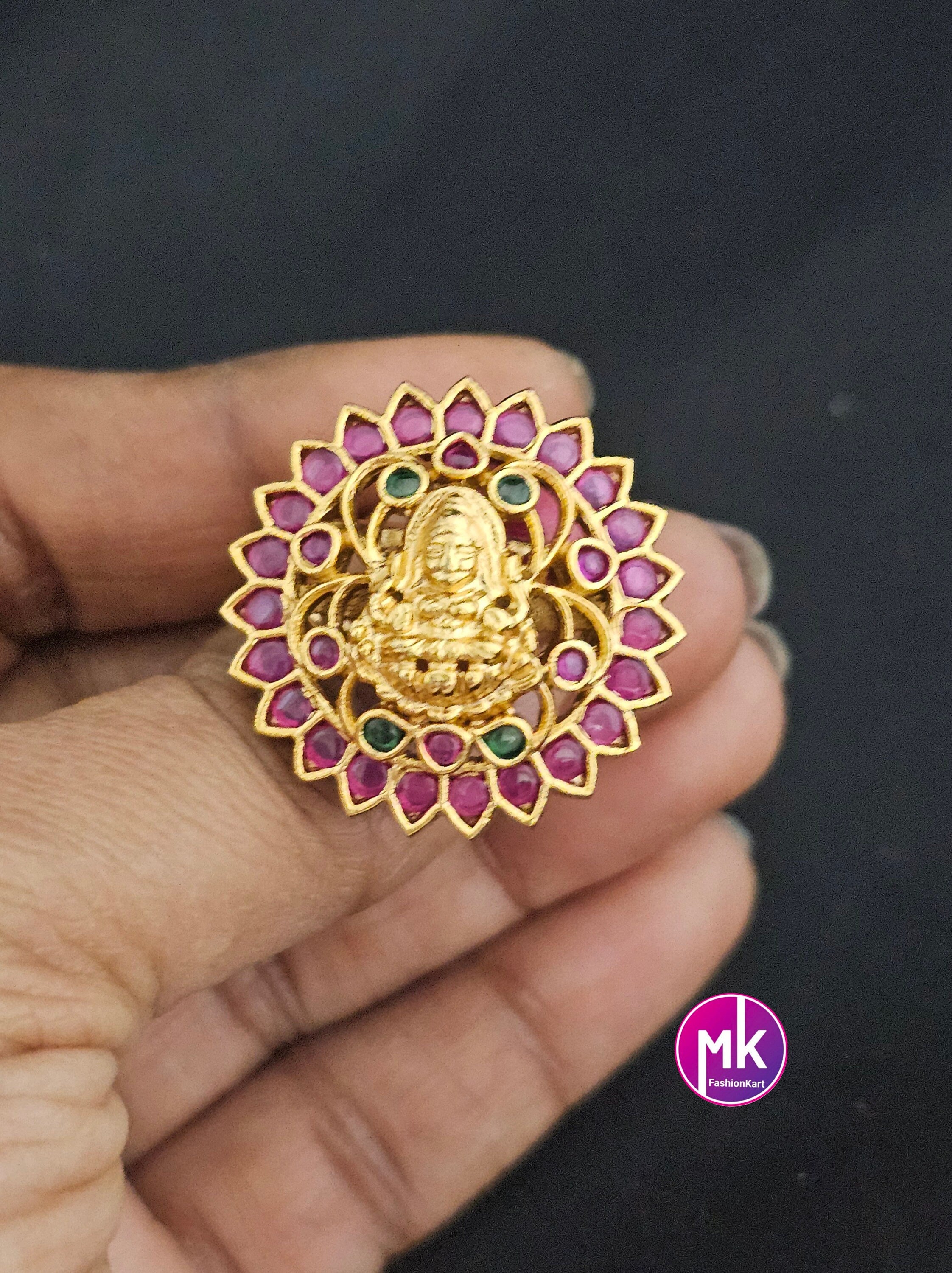 Lakshmi Premium Quality Gold finish Kemp stone Finger Ring (Adjustable)/Bollywood Ring