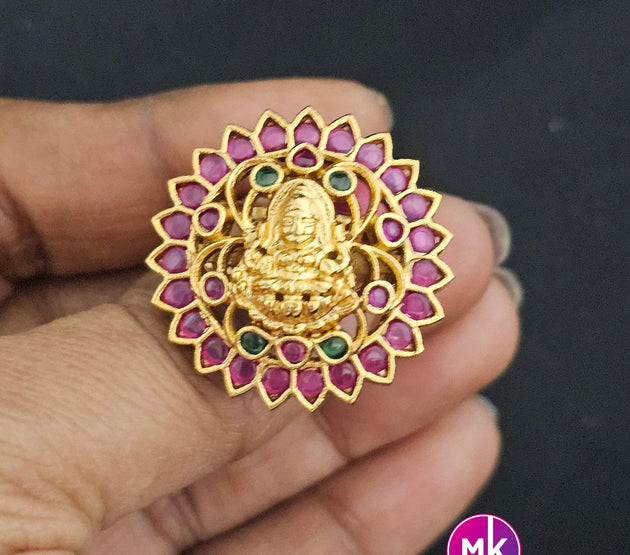 Lakshmi Premium Quality Gold finish Kemp stone Finger Ring (Adjustable)/Bollywood Ring