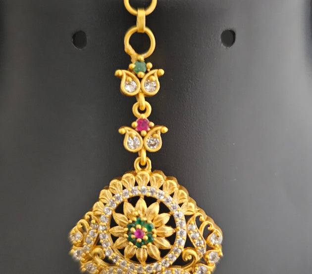 Flower design matte gold finish AD stone with gold ball hanging hangings Tikka/Nethichutti