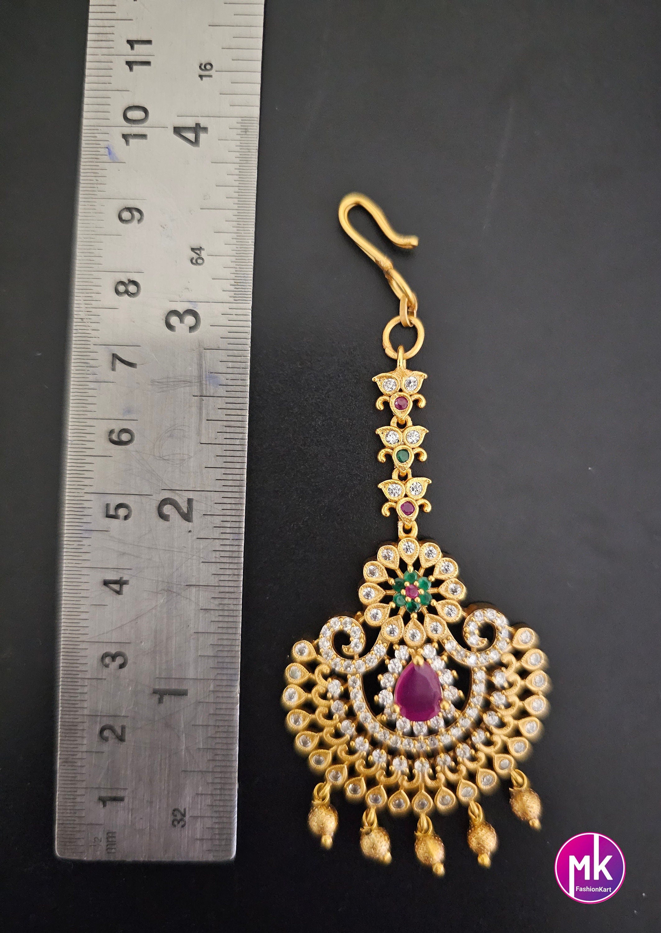 Flower design matte gold finish AD stone with gold ball hanging hangings Tikka/Nethichutti