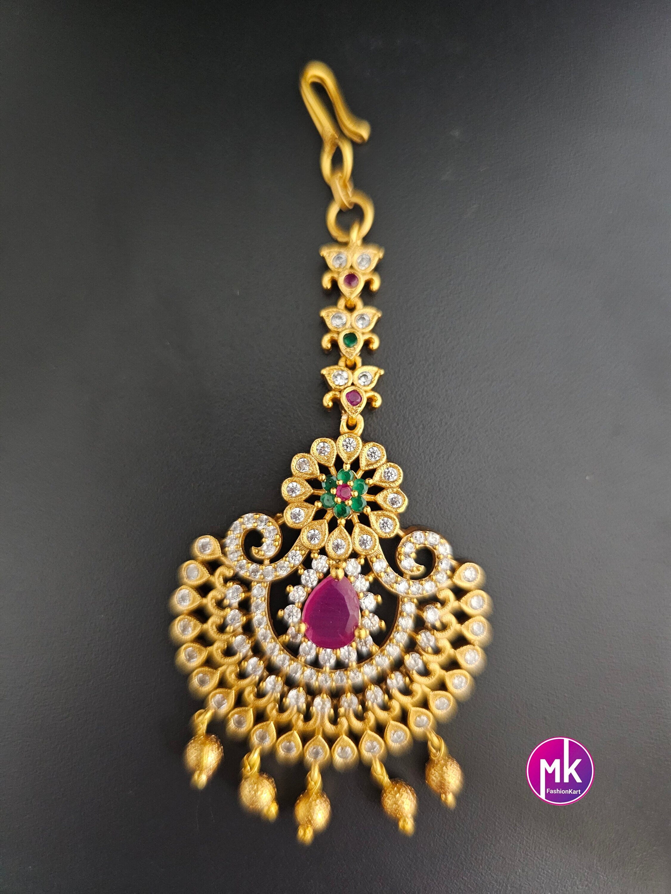 Flower design matte gold finish AD stone with gold ball hanging hangings Tikka/Nethichutti