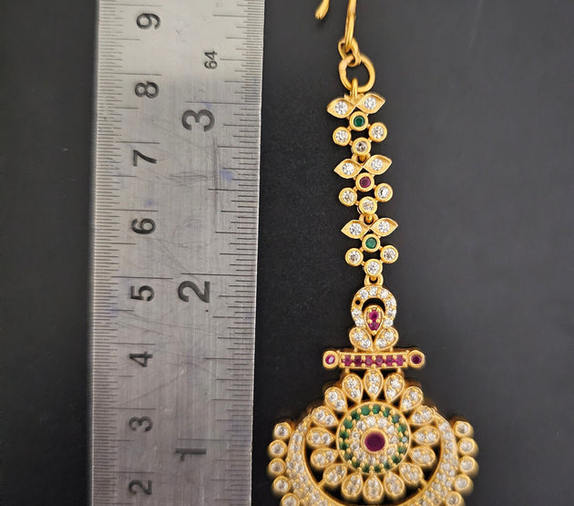 Flower design matte gold finish AD stone with gold ball hanging hangings Tikka/Nethichutti