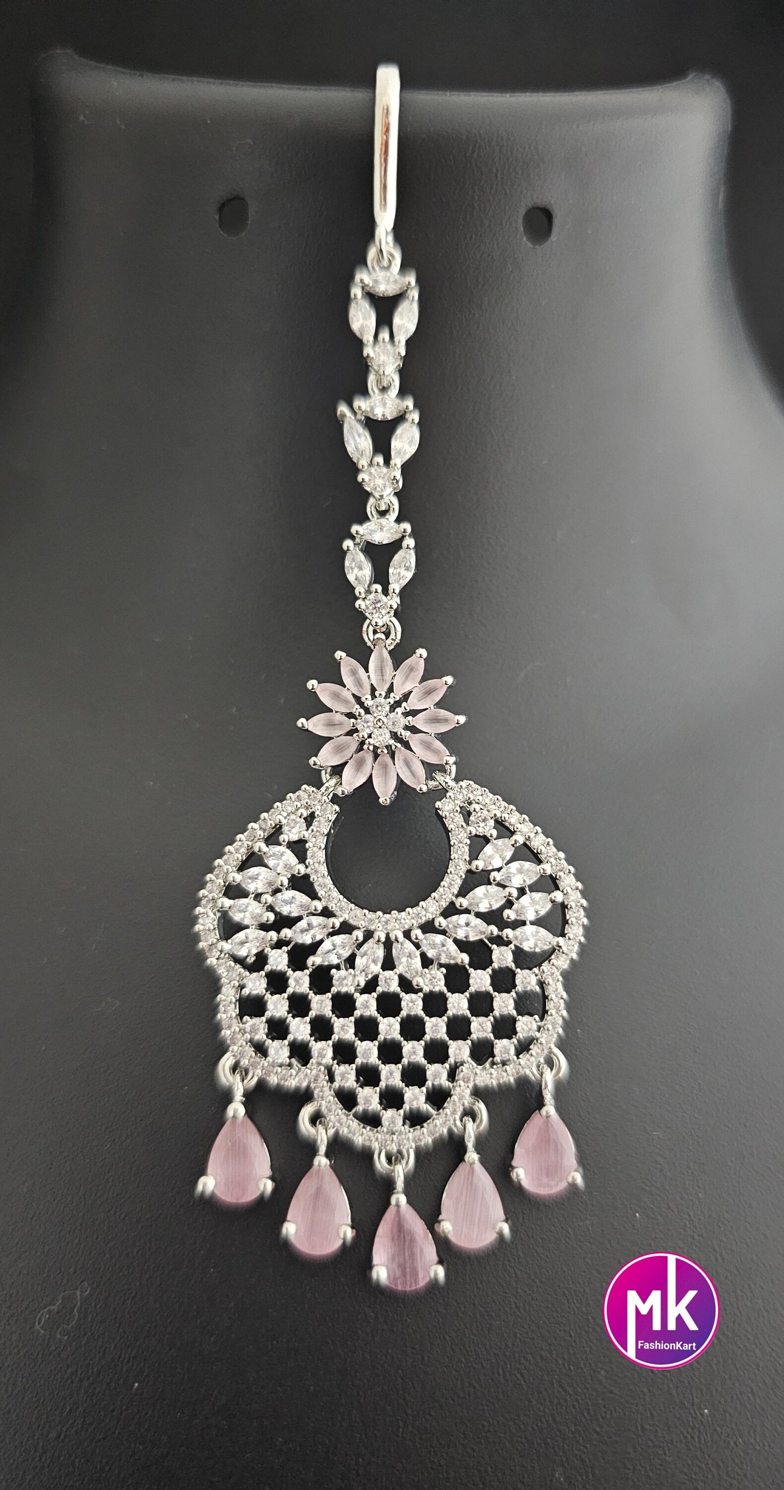Flower Design AD stone with Diamond finish with stone hanging baby pink Tikka/Nethichutti