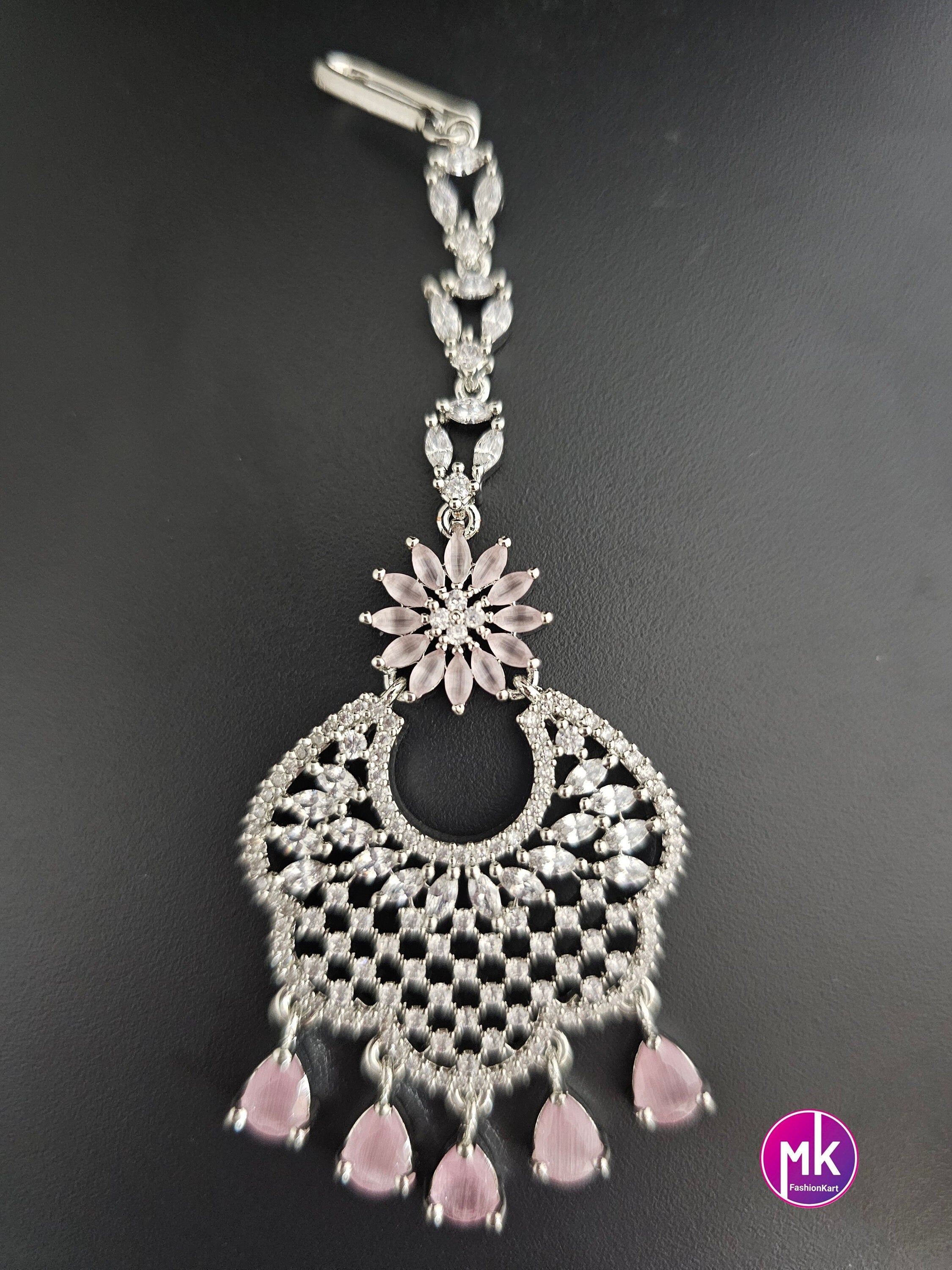 Flower Design AD stone with Diamond finish with stone hanging baby pink Tikka/Nethichutti