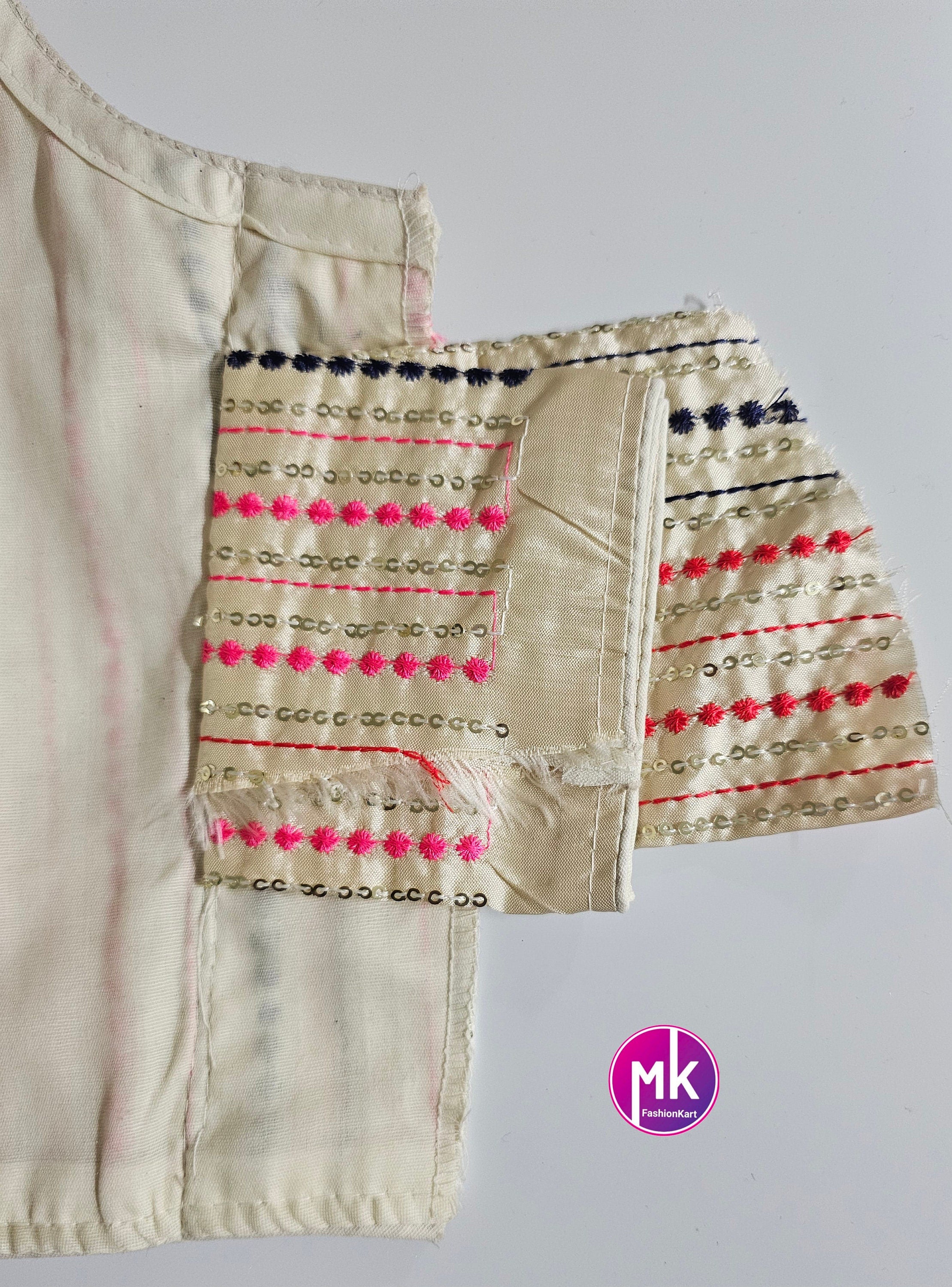 Readymade Saree Blouse - Cream with multi-color embroidered and sequence work blouse - Princess cut padded - size 38" (Upto 40")