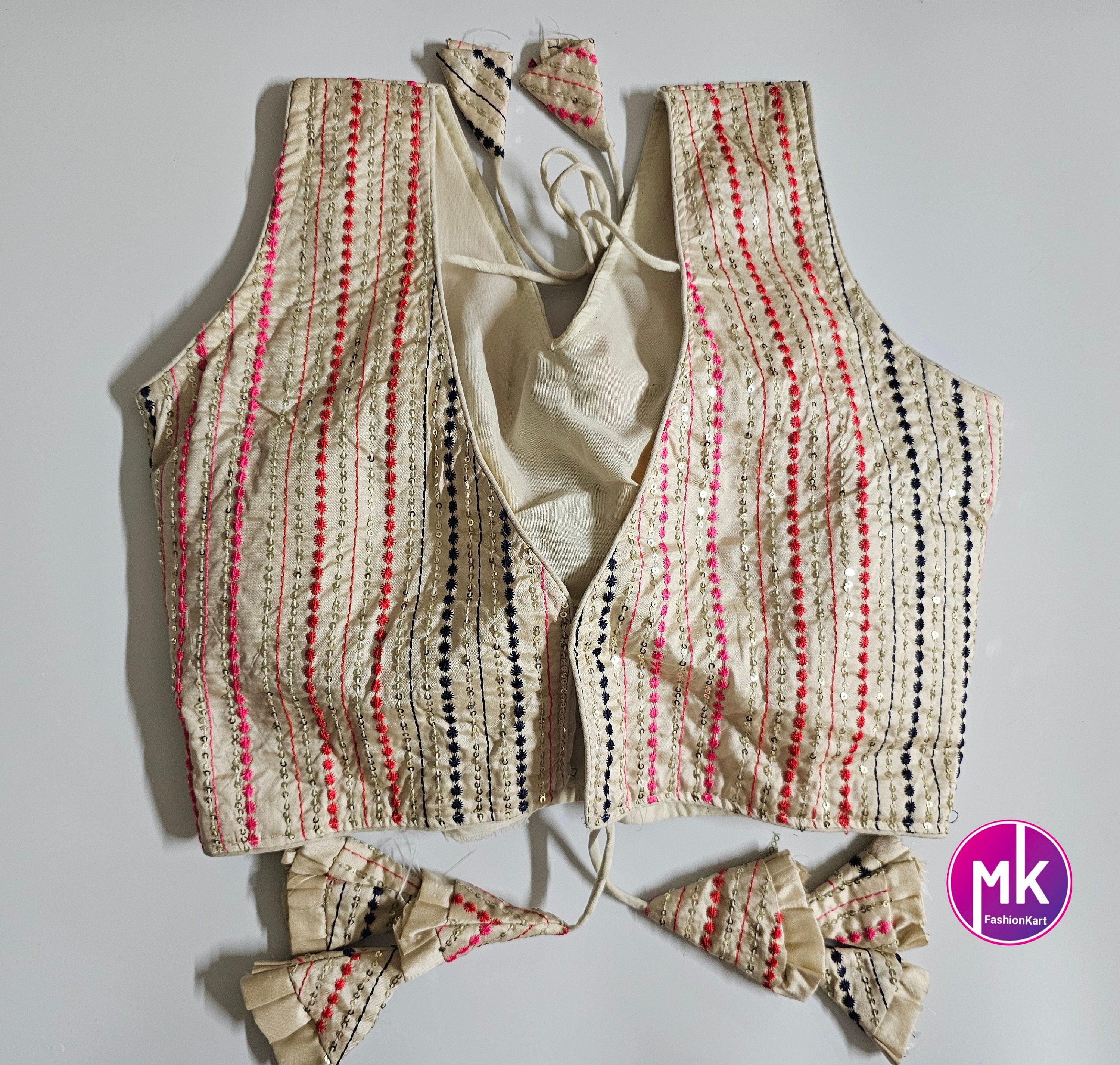 Readymade Saree Blouse - Cream with multi-color embroidered and sequence work blouse - Princess cut padded - size 38" (Upto 40")