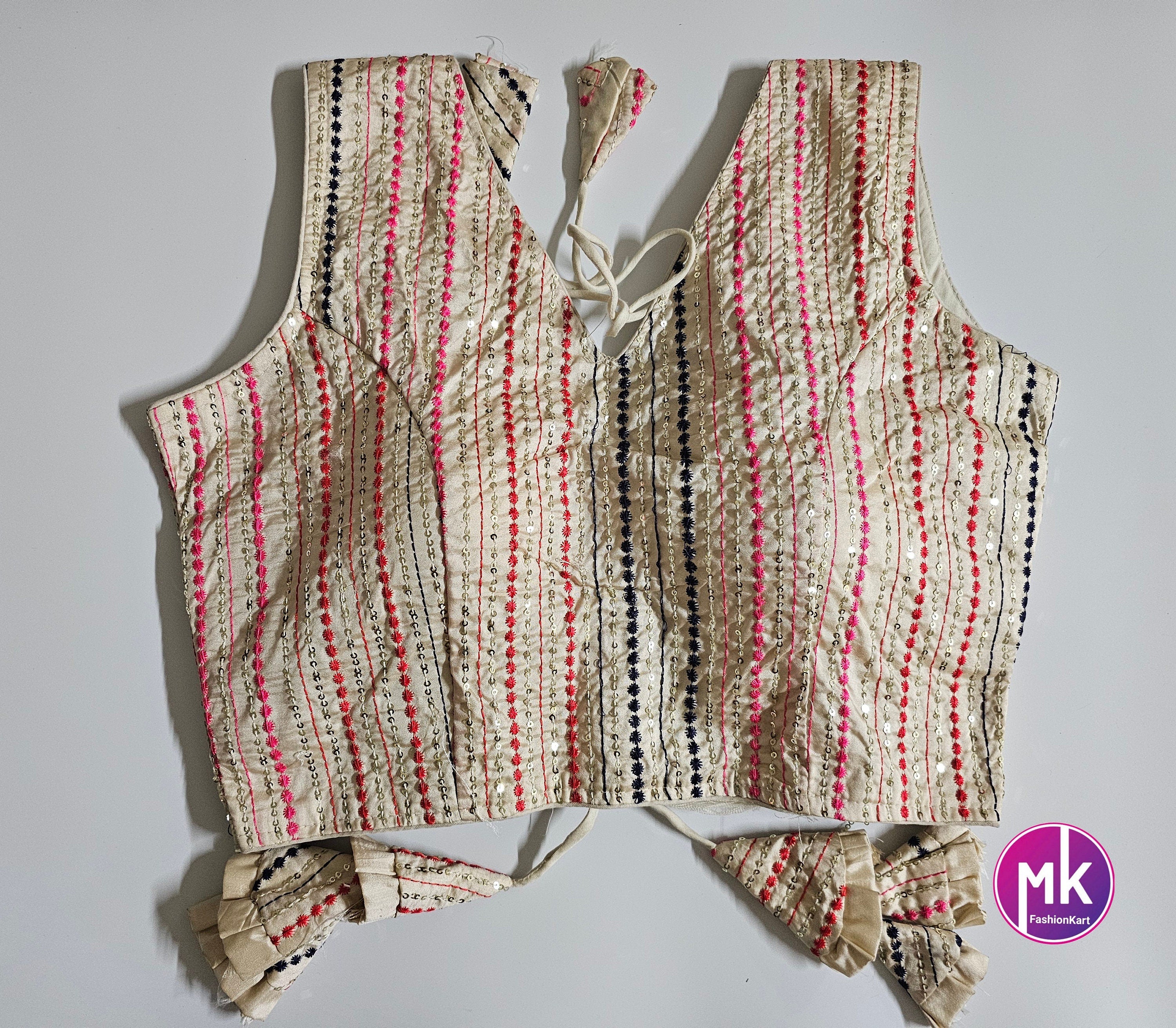 Readymade Saree Blouse - Cream with multi-color embroidered and sequence work blouse - Princess cut padded - size 38" (Upto 40")