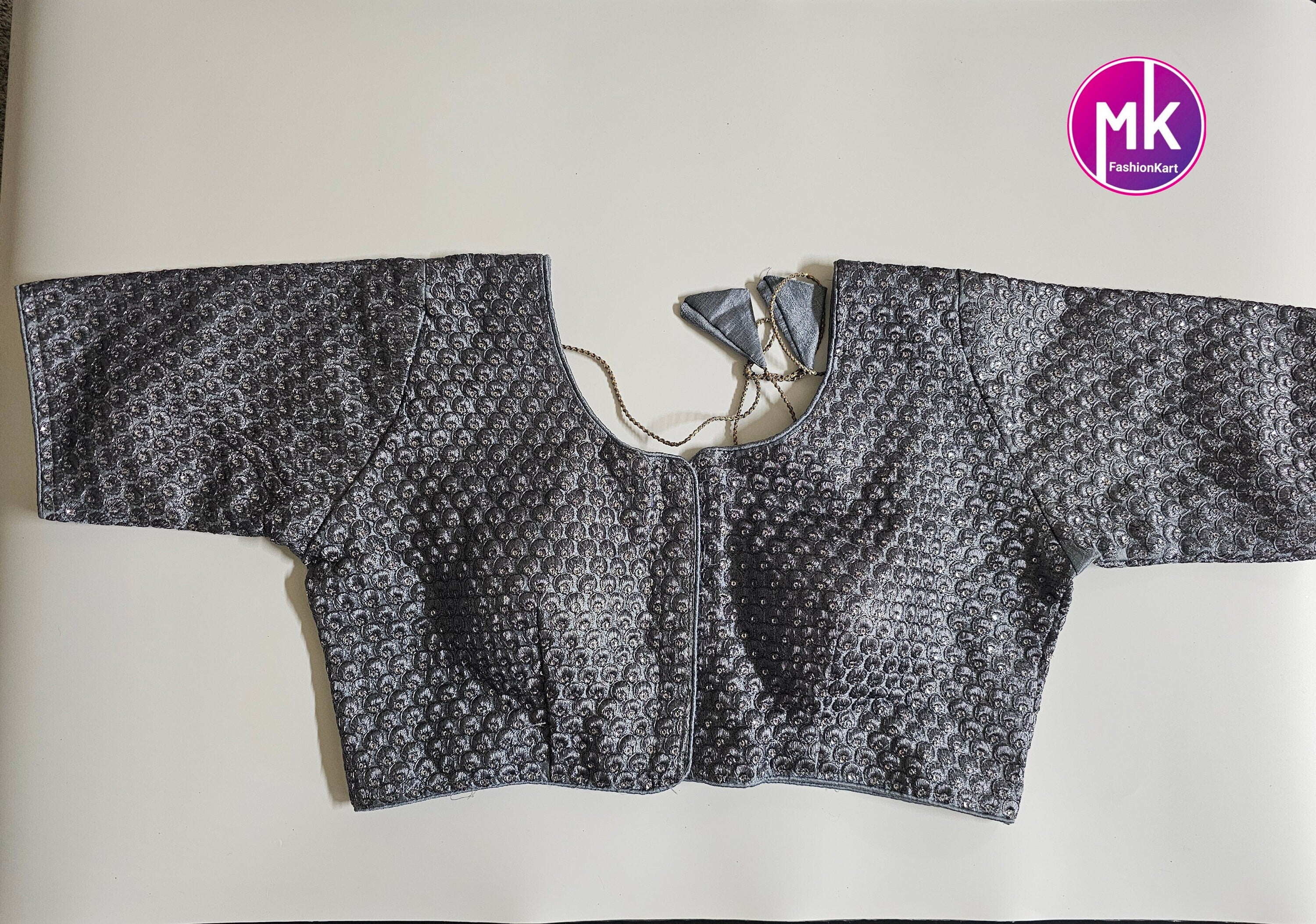 Readymade Saree Blouse - Dark Gray Blouse with Embroidered Work - Princess cut padded - size 40" (Upto 42")