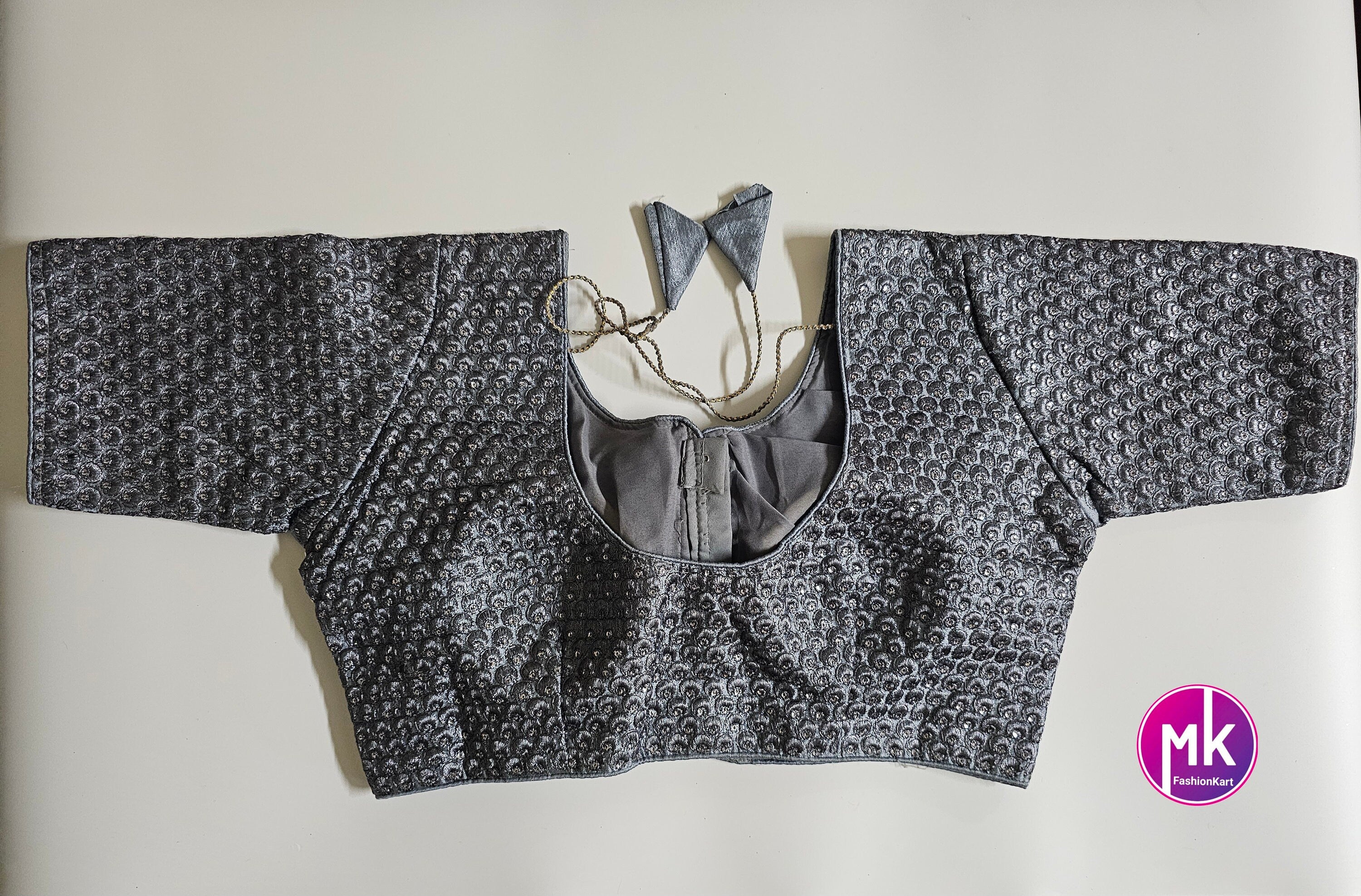 Readymade Saree Blouse - Dark Gray Blouse with Embroidered Work - Princess cut padded - size 40" (Upto 42")