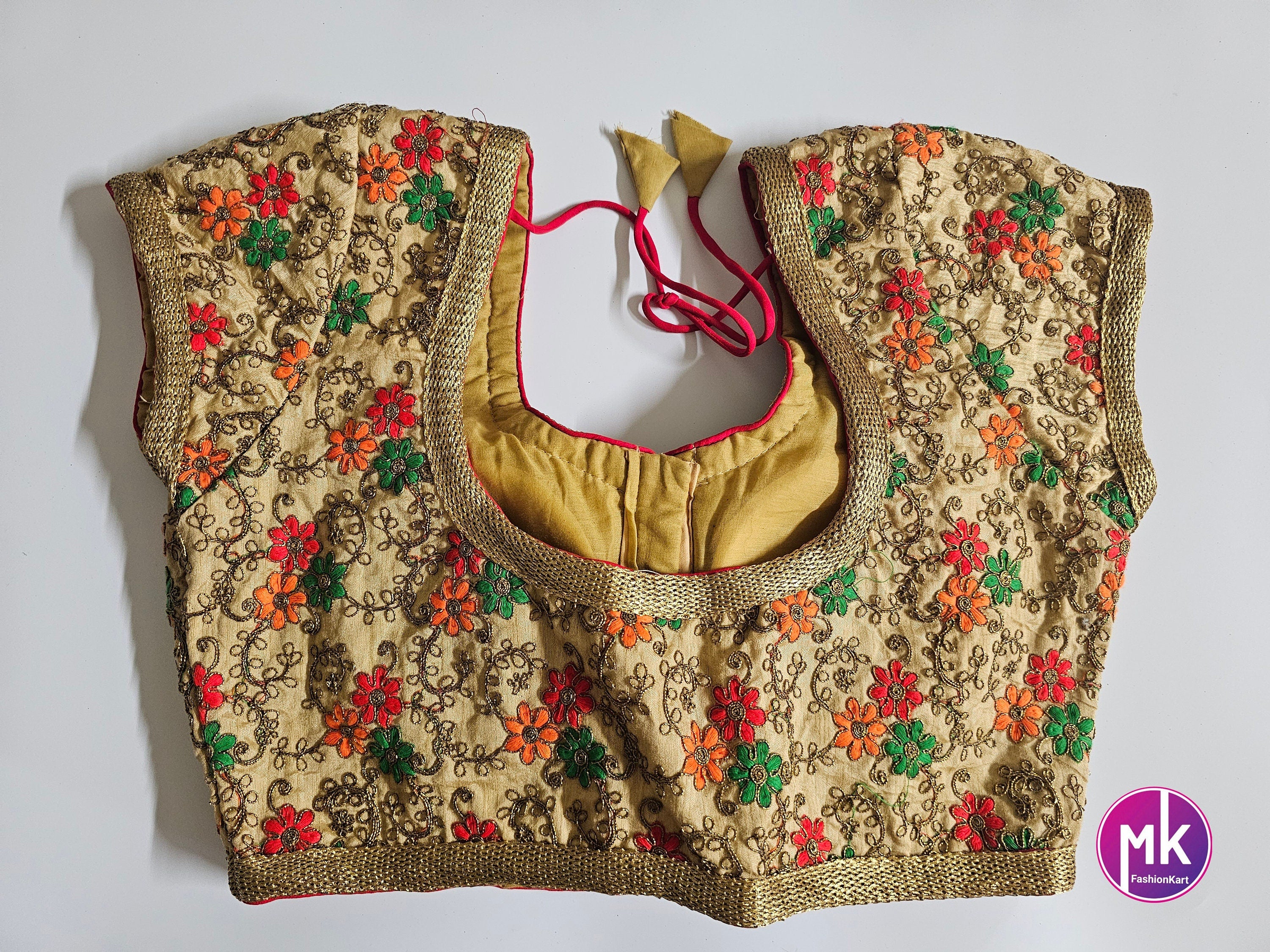 Readymade Saree Blouse - Cream color flower design multi-color embroidered Blouse - Princess cut padded - size 36" (Upto 38")