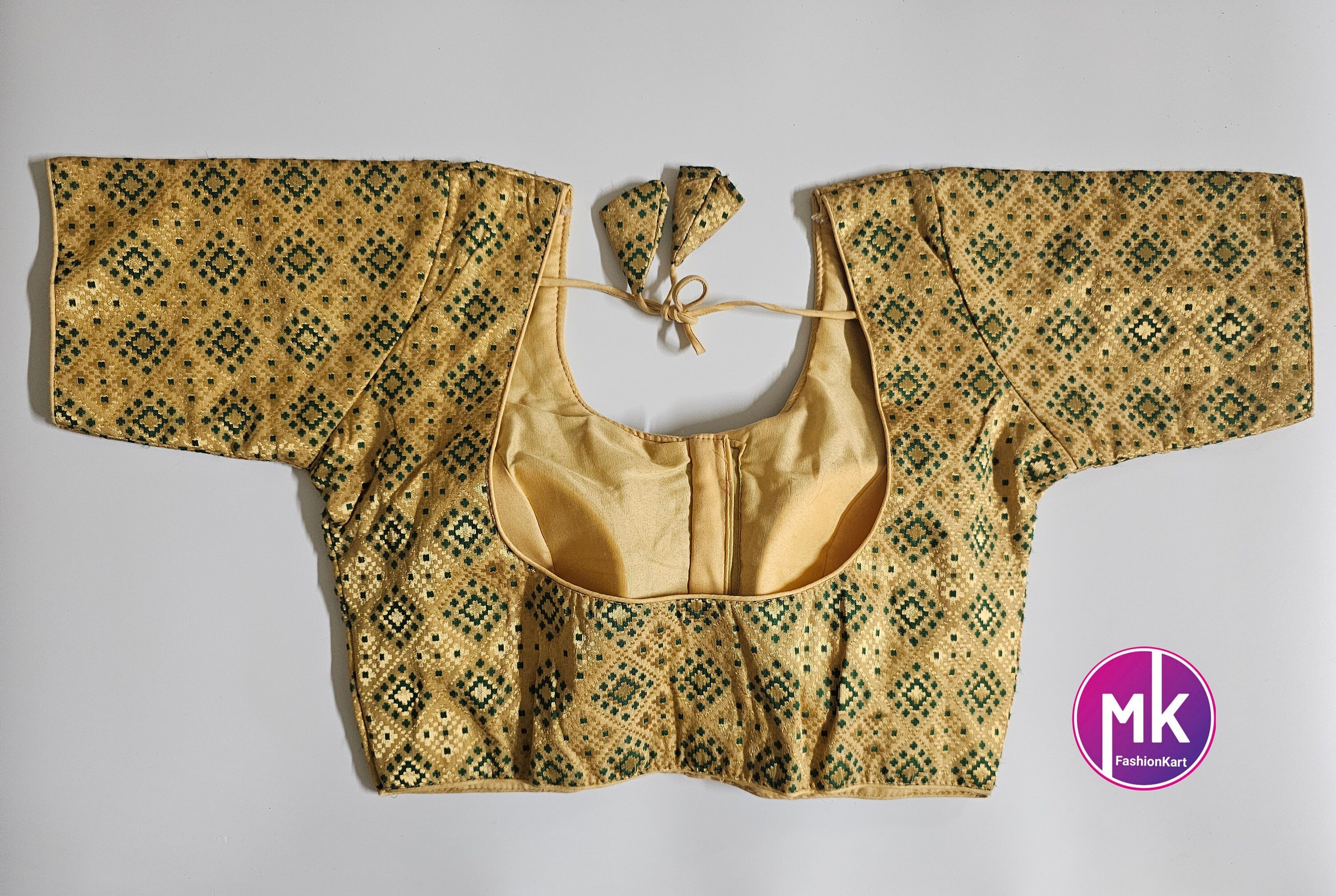 Readymade Saree Blouse - Golden with Green color design Blouse - Princess cut padded - size 36" (Upto 38")