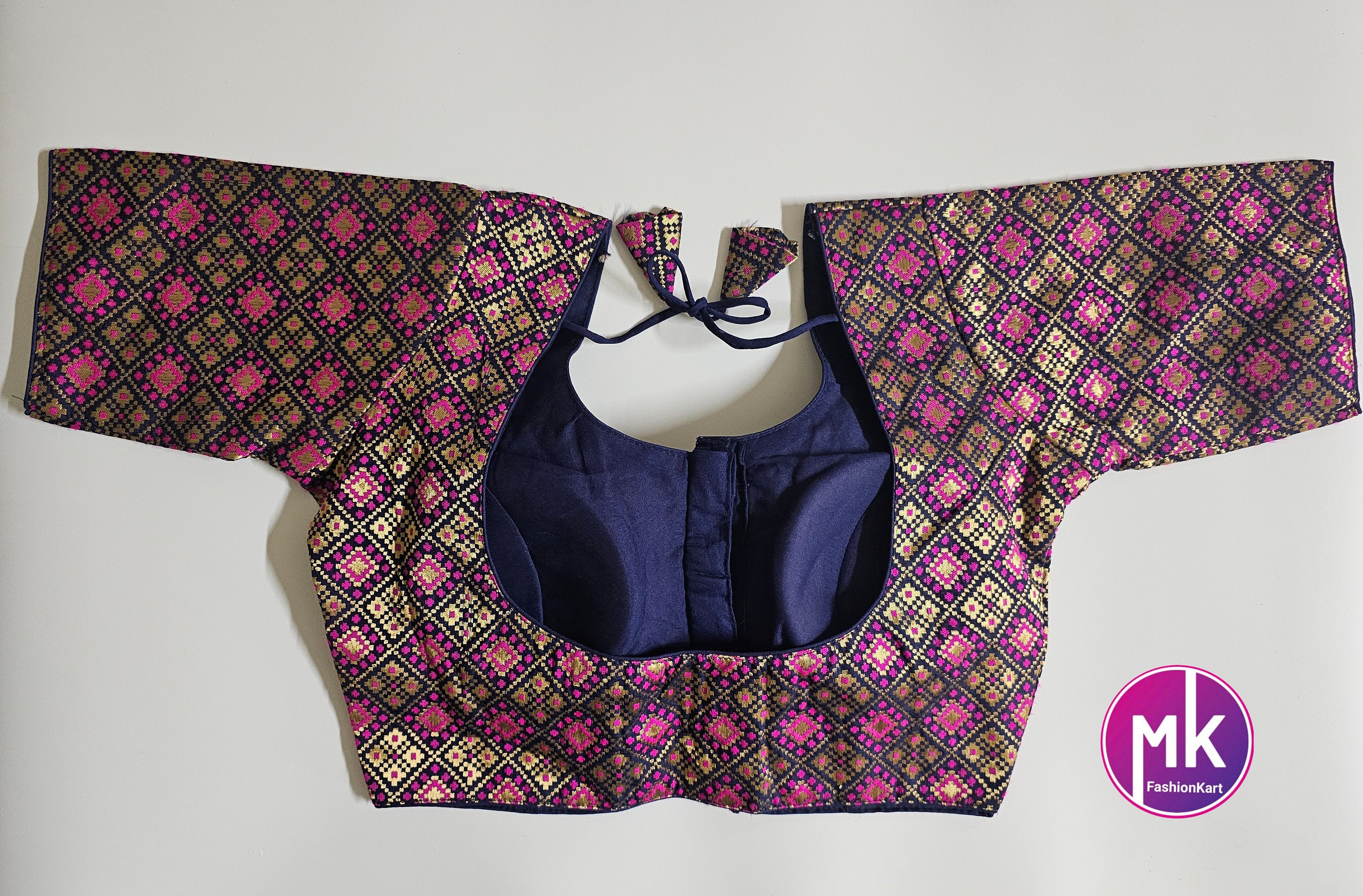 Readymade Saree Blouse - Dark Blue with pink and golden color design Blouse - Princess cut padded - size 38" (Upto 40")