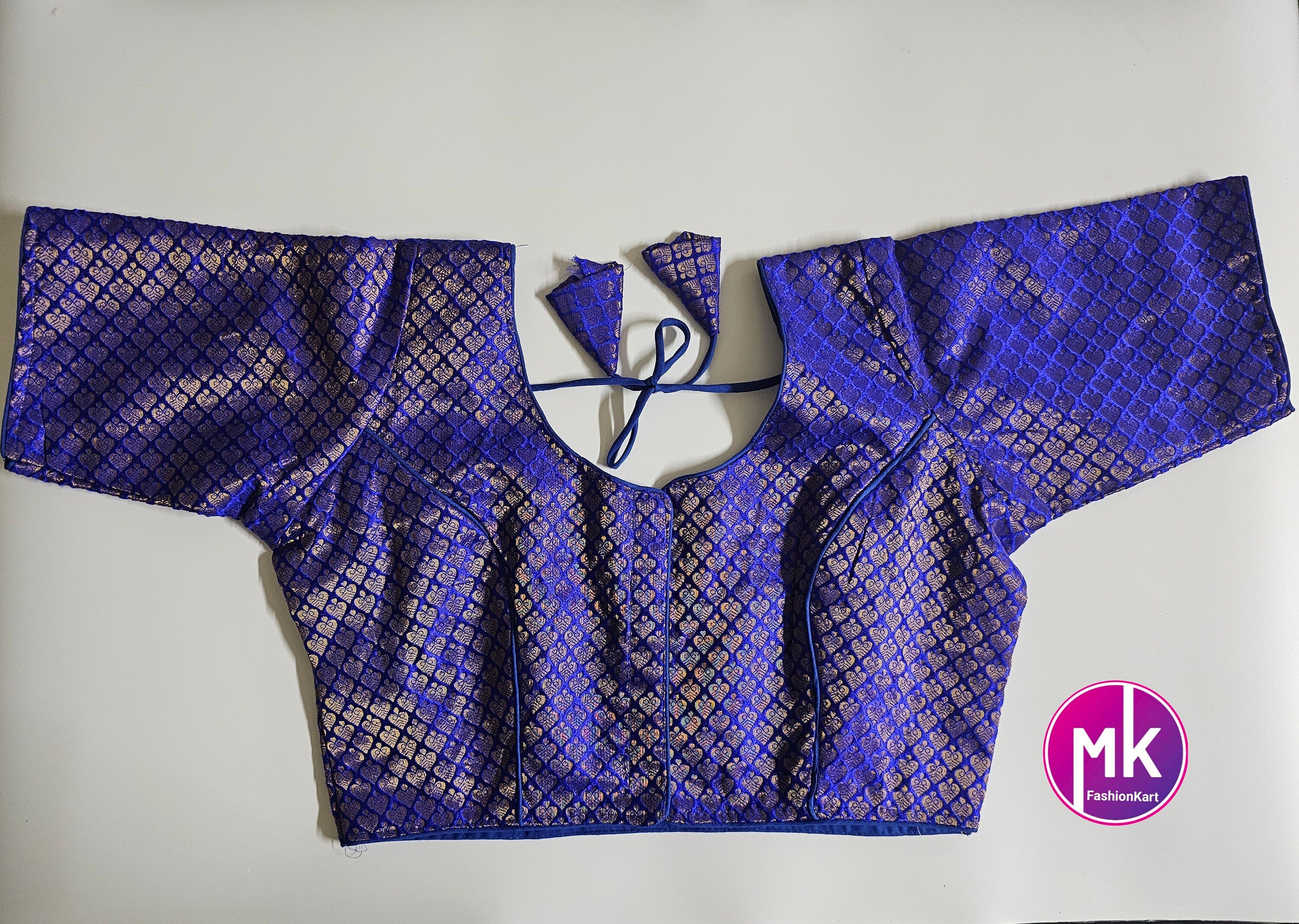 Readymade Saree Blouse - Blue Color with golden design Blouse - Princess cut Blouse - Size 40" (Upto 42")