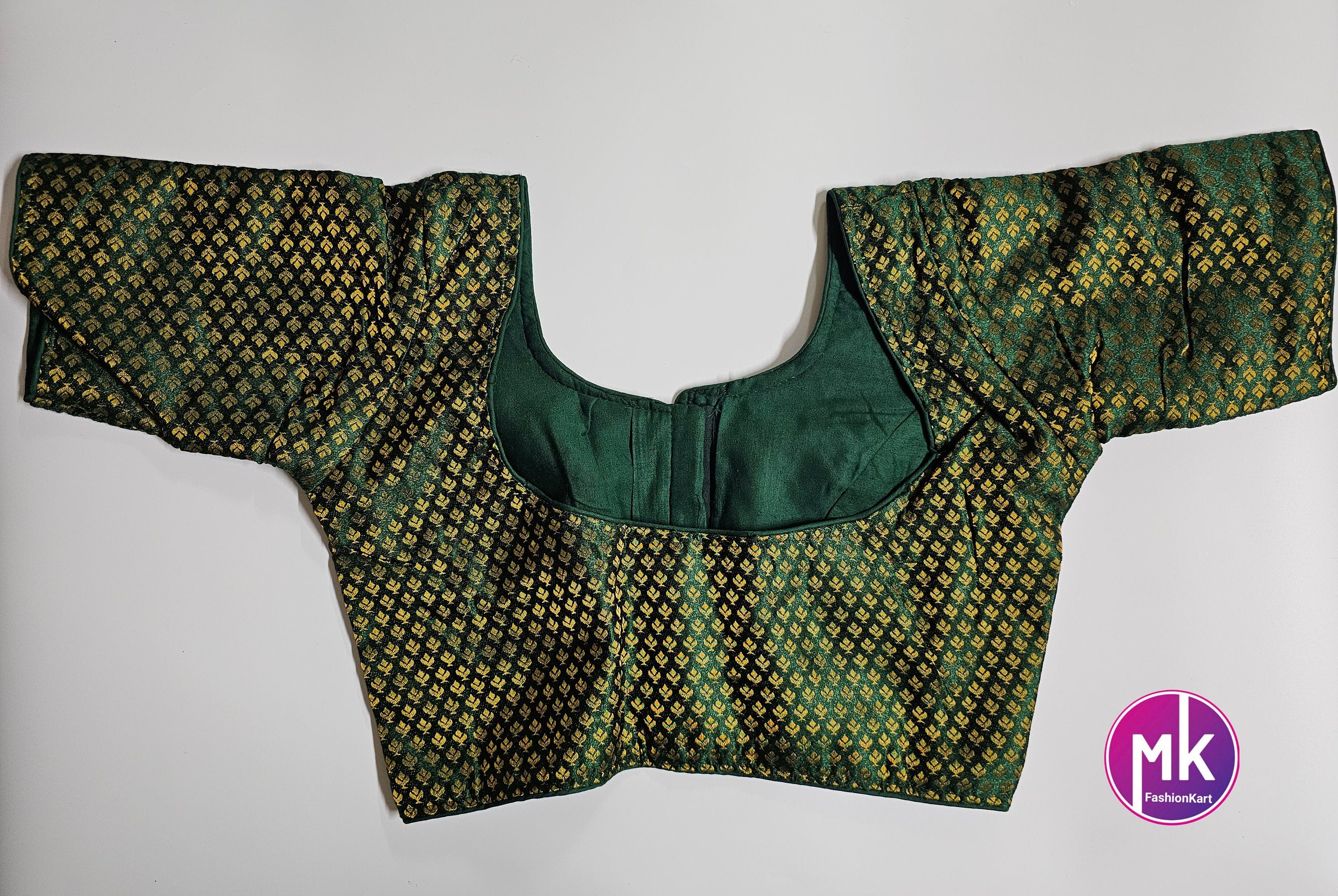Readymade Saree Blouse - Green Color with golden design Blouse - Princess cut Blouse - Size 38" (Upto 40")